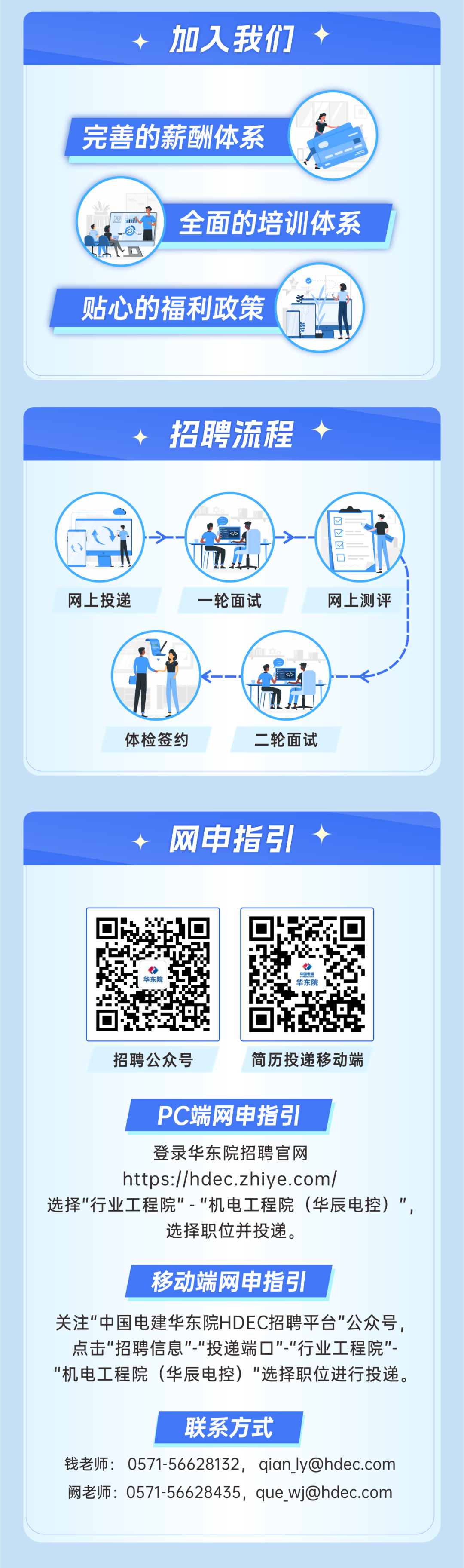 <p>加入我们</p>
<p>完善的薪酬体系</p>
<p>全面的培训体系</p>
<p>贴心的福利政策</p>
<p>招聘流程</p>
<p>5</p>
<p>网上投递</p>
<p>一轮面试</p>
<p>网上测评</p>
<p>体检签约</p>
<p>二轮面试</p>
<p>网申指引</p>
<p>华东院</p>
<p>华东险</p>
<p>招聘公众号</p>
<p>简历投递移动端</p>
<p>PC端网申指引</p>
<p>登录华东院招聘官网</p>
<p>https://hdec.zhiye.com/</p>
<p>选择"行业工程院"- “机电工程院(华辰电控)"</p>
<p>选择职位并投递。</p>
<p>移动端网申指引</p>
<p>关注"中国电建华东院HDEC招聘平台"公众号，<br/>点击"招聘信息"-"投递端口"-"行业工程院"-<br/>"机电工程院(华辰电控)"选择职位进行投递。</p>
<p>联系方式</p>
<p>钱老师:0571-56628132，qian_ly@hdec.com<br/>阙老师:0571-56628435，que_wj@hdec.com</p>
