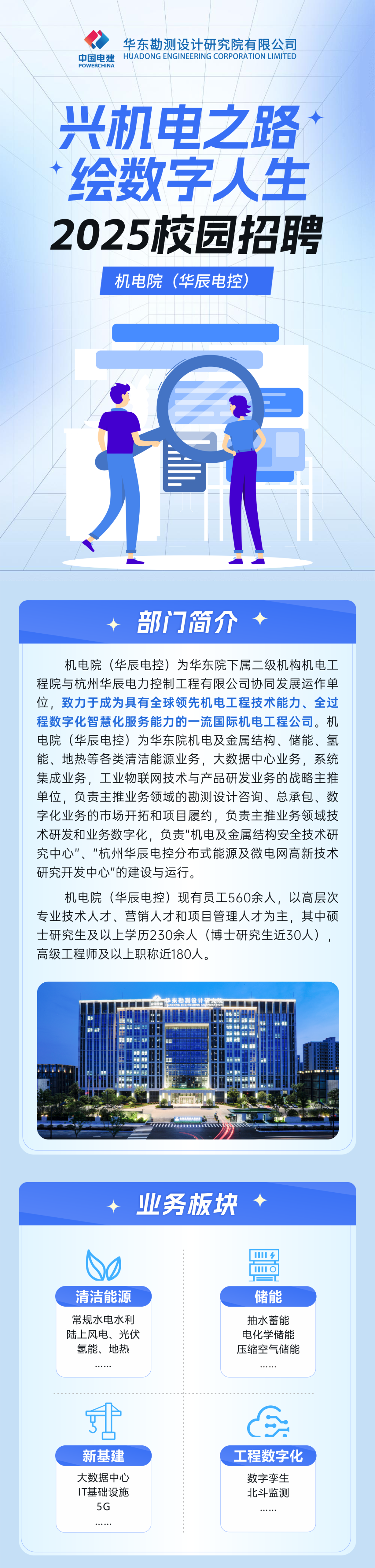 <p>华东勘测设计研究院有限公司</p>
<p>中国电建<br/>HUADONG ENGINEERING CORPORATION LIMITED<br/>POWERCHINA</p>
<p>兴机电之路<br/>绘数字人生<br/>2025校园招聘</p>
<p>机电院(华辰电控)</p>
<p>部门简介</p>
<p>机电院(华辰电控)为华东院下属二级机构机电工<br/>程院与杭州华辰电力控制工程有限公司协同发展运作单<br/>位，致力于成为具有全球领先机电工程技术能力、全过<br/>程数字化智慧化服务能力的一流国际机电工程公司。机<br/>电院(华辰电控)为华东院机电及金属结构、储能、氢<br/>6k</p>
<p>能、地热等各类清洁能源业务，大数据中心业务，系统<br/>集成业务，工业物联网技术与产品研发业务的战略主推<br/>单位，负责主推业务领域的勘测设计咨询、总承包、数<br/>字化业务的市场开拓和项目履约，负责主推业务领域技<br/>术研发和业务数字化，负责"机电及金属结构安全技术研<br/>究中心”"、“杭州华辰电控分布式能源及微电网高新技术<br/>研究开发中心"的建设与运行。</p>
<p>机电院(华辰电控)现有员工560余人，以高层次<br/>专业技术人才、营销人才和项目管理人才为主，其中硕<br/>士研究生及以上学历230余人(博士研究生近30人)，<br/>高级工程师及以上职称近180人。</p>
<p>业务板块</p>
<p>清洁能源<br/>常规水电水利<br/>陆上风电、光伏<br/>氢能、地热</p>
<p>储能<br/>抽水蓄能<br/>电化学储能<br/>压缩空气储能</p>
<p>非</p>
<p>新基建<br/>大数据中心<br/>IT基础设施<br/>5G</p>
<p>工程数字化</p>
<p>数字孪生<br/>北斗监测</p>
