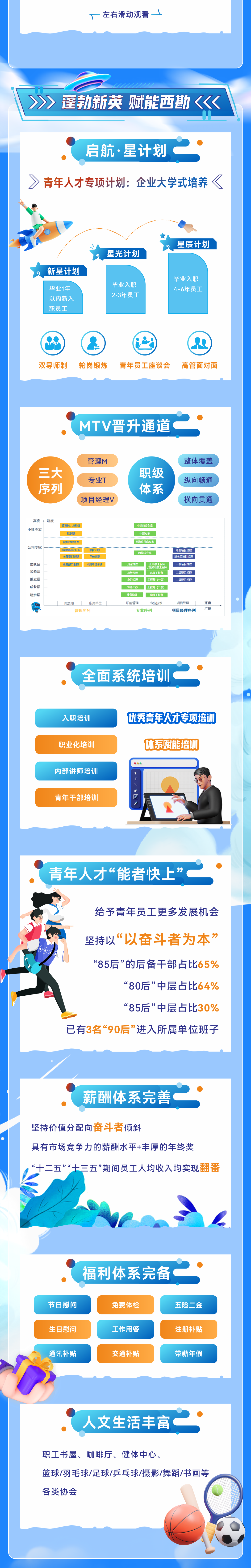 <p>左右滑动观看</p>
<p>蓬勃新英赋能西勘</p>
<p>启航.星计划</p>
<p>青年人才专项计划:企业大学式培养</p>
<p>星光计划</p>
<p>星辰计划</p>
<p>新星计划</p>
<p>毕业1年<br/>以内新入<br/>职员工</p>
<p>毕业入职<br/>2-3年员工</p>
<p>毕业入职<br/>4-6年员工</p>
<p>双导师制</p>
<p>轮岗锻炼</p>
<p>青年员工座谈会</p>
<p>高管面对面</p>
<p>MTV晋升通道</p>
<p>三大</p>
<p>序列</p>
<p>管理M</p>
<p>专业T<br/>项目经理V</p>
<p>职级</p>
<p>体系</p>
<p>整体覆盖<br/>纵向畅通<br/>横向贯通</p>
<p>高度速度<br/>中建专家</p>
<p>公司专家</p>
<p>带队层</p>
<p>经验层</p>
<p>独立层</p>
<p>成长层</p>
<p>起步层</p>
<p>董事长、总经理</p>
<p>院副职<br/>院总经理助理<br/>院副总师/部门F肥<br/>总部部门副职<br/>总部部门助理</p>
<p>单位正职<br/>单位副<br/>所属单位总助</p>
<p>院总部</p>
<p>所属单位</p>
<p>管理序列</p>
<p>中建首席专家<br/>中建专家<br/>西勘院首席专家</p>
<p>西勘院专家</p>
<p>资深经理</p>
<p>正高级工程师<br/>/资深高级工程师</p>
<p>高级经理</p>
<p>高级工程师</p>
<p>业务经理</p>
<p>工程师(一级)</p>
<p>业务主办</p>
<p>工程师(二级)</p>
<p>业务助理</p>
<p>助理工程师</p>
<p>职能管理</p>
<p>专业技术</p>
<p>专业序列</p>
<p>总监项目经理<br/>副总监项目经理</p>
<p>级项目经理<br/>一级项目经理<br/>三级项目经理</p>
<p>项目经理<br/>项目经理序列</p>
<p>宽度</p>
<p>广度</p>
<p>全面系统培训</p>
<p>入职培训</p>
<p>职业化培训</p>
<p>内部讲师培训</p>
<p>青年干部培训</p>
<p>优秀青年人才专项培训</p>
<p>体系赋能培训</p>
<p>青年人才“能者快上”</p>
<p>给予青年员工更多发展机会</p>
<p>坚持以“以奋斗者为本”<br/>“85后”的后备干部占比65%</p>
<p>“80后”中层占比64%<br/>“85后”中层占比30%</p>
<p>已有3名“90后”进入所属单位班子</p>
<p>薪酬体系完善</p>
<p>坚持价值分配向奋斗者倾斜</p>
<p>具有市场竞争力的薪酬水平+丰厚的年终奖</p>
<p>“十二五”“土三五”期间员工人均收入均实现翻番</p>
<p>福利体系完备</p>
<p>节日慰问<br/>生日慰问<br/>通讯补贴</p>
<p>免费体检<br/>工作用餐<br/>交通补贴</p>
<p>五险二金<br/>注册补贴<br/>带薪年假</p>
<p>人文生活丰富</p>
<p>职工书屋、咖啡厅、健体中心、</p>
<p>篮球/羽毛球/足球/乒乓球/摄影/舞蹈/书画等<br/>各类协会</p>
