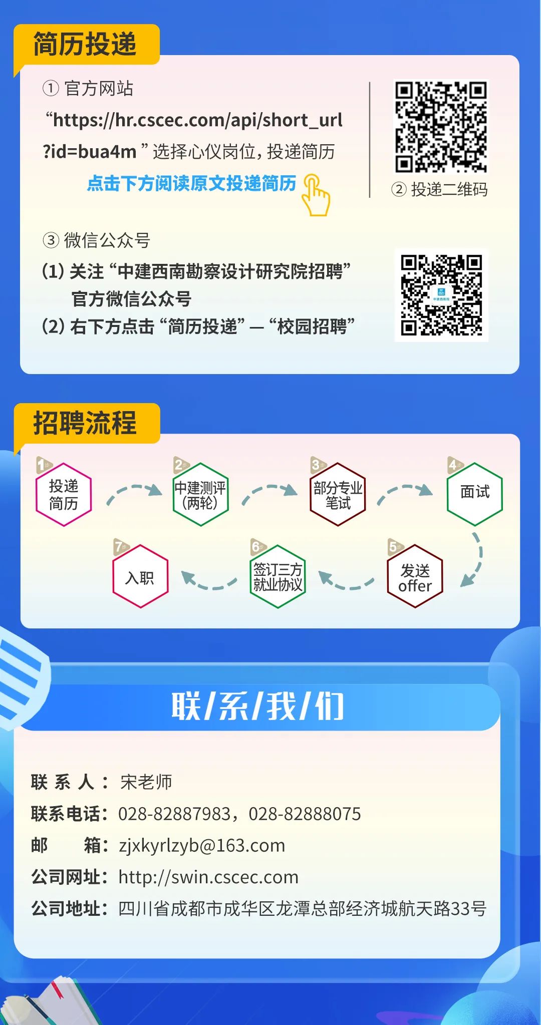 <p>简历投递</p>
<p>①官方网站</p>
<p>“https://hr.cscec.com/api/short_url<br/>?id=bua4m”选择心仪岗位,投递简历</p>
<p>点击下方阅读原文投递简历 </p>
<p>②投递二维码</p>
<p>③微信公众号</p>
<p>(1)关注“中建西南勘察设计研究院招聘”<br/>官方微信公众号</p>
<p>(2)右下方点击“简历投递”一“校园招聘”</p>
<p>招聘流程<br/>投递</p>
<p>简历</p>
<p>中建测评</p>
<p>(两轮)</p>
<p>入职</p>
<p>部分专业</p>
<p>笔试</p>
<p>签订三方<br/>就业协议</p>
<p>面试</p>
<p>发送</p>
<p>offer</p>
<p>联/系/我/们</p>
<p>联系人:宋老师</p>
<p>联系电话:028-82887983，028-82888075</p>
<p>邮<br/>箱:zjxkyrlzyb@163.com</p>
<p>公司网址:http://swin.cscec.com</p>
<p>公司地址:四川省成都市成华区龙潭总部经济城航天路33号</p>
