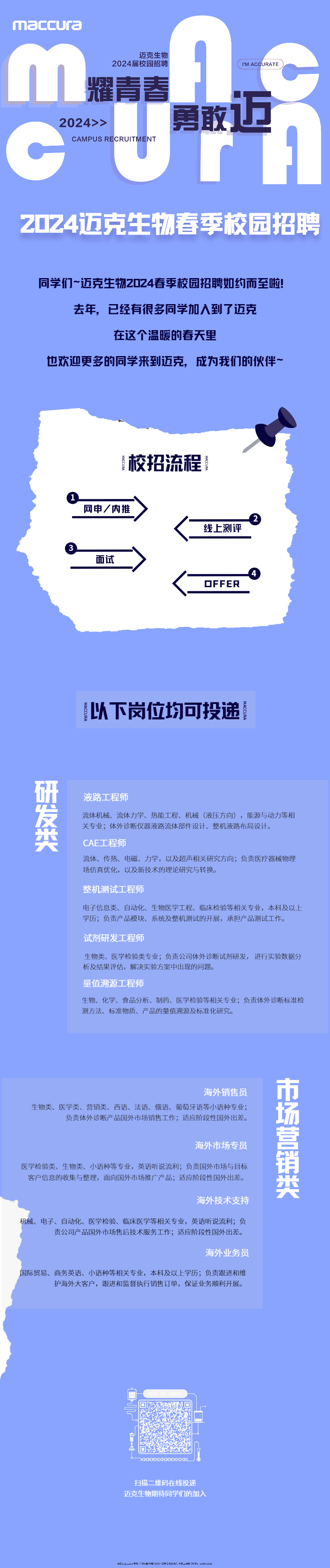 <p>maccura</p>
<p>迈克生物</p>
<p>2024届校园招聘</p>
<p>IM ACCURATE</p>
<p> <br/>耀青春<br/>2024>><br/>勇敢迈</p>
<p>CAMPUS RECRUITMENT</p>
<p> </p>
<p> <br/> </p>
<p>2024迈克生物春季校园招聘</p>
<p>同学们~迈克生物2024春季校园招聘如约而至啦!</p>
<p>去年，已经有很多同学加入到了迈克</p>
<p>在这个温暖的春天里</p>
<p>也欢迎更多的同学来到迈克，成为我们的伙伴~</p>
<p>校招流程<br/>wccu</p>
<p>McuM</p>
<p>网申/内推</p>
<p>线上测评</p>
<p>面试</p>
<p>OFFER</p>
<p>MACCURA</p>
<p>MACCURA<br/>以下岗位均可投递</p>
<p>研发类</p>
<p>液路工程师</p>
<p>流体机械、流体力学、热能工程、机械(液压方向)，能源与动力等相<br/>关专业;体外诊断仪器液路流体部件设计、整机液路布局设计。</p>
<p>CAE工程师</p>
<p>流体、传热、电磁、力学，以及超声相关研究方向;负责医疗器械物理<br/>场仿真优化，以及新技术的理论研究与转换。</p>
<p>整机测试工程师</p>
<p>电子信息类、自动化、生物医学工程、临床检验等相关专业，本科及以上<br/>学历;负责产品模块、系统及整机测试的开展，承担产品测试工作。</p>
<p>试剂研发工程师</p>
<p>生物类、医学检验类专业;负责公司体外诊断试剂研发，进行实验数据分<br/>析及结果评估，解决实验方案中出现的问题。</p>
<p>量值溯源工程师</p>
<p>生物、化学、食品分析、制药、医学检验等相关专业;负责体外诊断标准检<br/>测方法、标准物质、产品的量值溯源及标准化研究。</p>
<p>海外销售员</p>
<p>生物类、医学类、营销类、西语、法语、俄语、葡萄牙语等小语种专业;</p>
<p>负责体外诊断产品国外市场销售工作;适应阶段性国外出差。</p>
<p>海外市场专员</p>
<p>医学检验类、生物类、小语种等专业，英语听说流利;负责国外市场与目标<br/>客户信息的收集与整理，面向国外市场推广产品;适应阶段性国外出差。</p>
<p>海外技术支持</p>
<p>市场营销类</p>
<p>机械、电子、自动化、医学检验、临床医学等相关专业，英语听说流利;负</p>
<p>责公司产品国外市场售后技术服务工作;适应阶段性国外出差。</p>
<p>海外业务员</p>
<p>国际贸易、商务英语、小语种等相关专业，本科及以上学历;负责跟进和维</p>
<p>护海外大客户，跟进和监督执行销售订单，保证业务顺利开展。</p>
<p>扫描二维码在线投递<br/>迈克生物期待同学们的加入</p>
