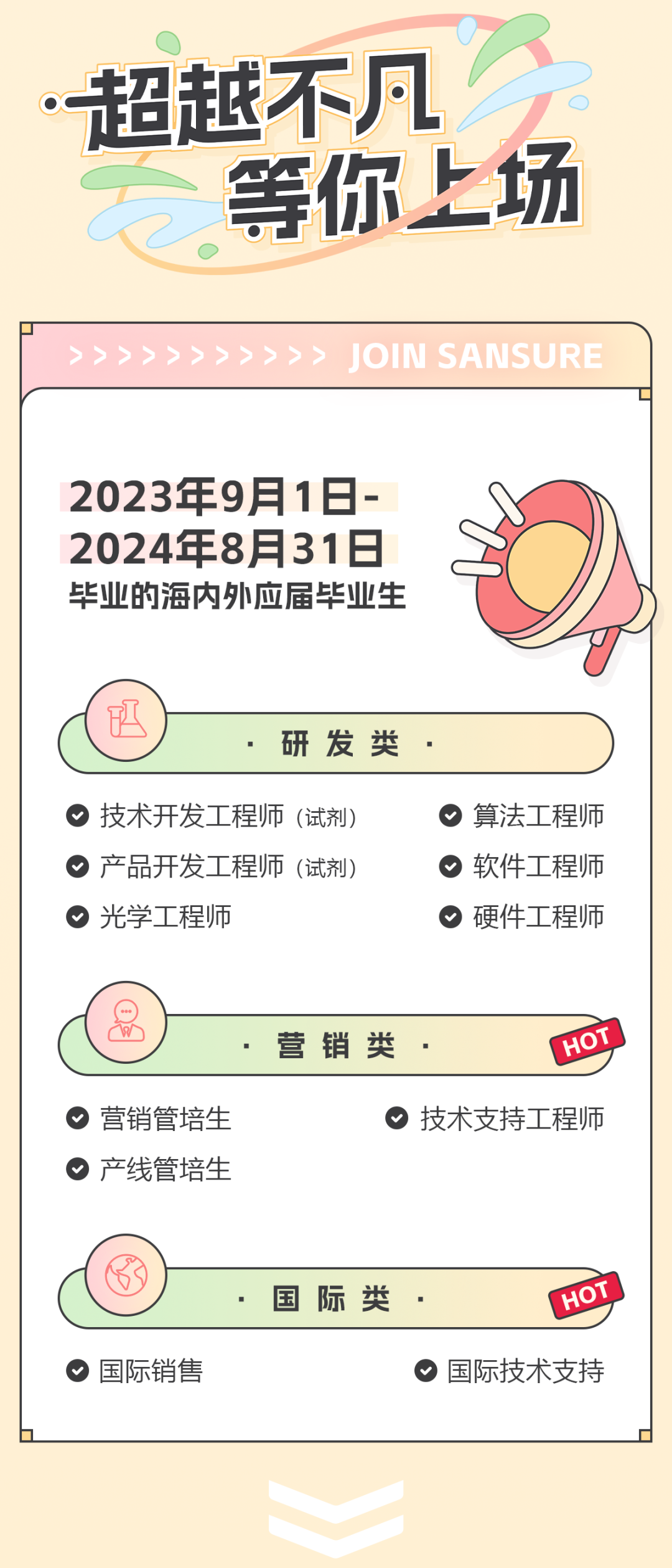 <p>超越不凡</p>
<p>等你上场<br/>> > > > JOIN SANSURE</p>
<p>2023年9月1日-<br/>2024年8月31日<br/>毕业的海内外应届毕业生</p>
<p>P</p>
<p>研发类</p>
<p>技术开发工程师(试剂)<br/>产品开发工程师(试剂)<br/>光学工程师</p>
<p>算法工程师<br/>软件工程师<br/>硬件工程师</p>
<p> </p>
<p>营销类</p>
<p>HOT</p>
<p>营销管培生<br/>产线管培生</p>
<p>技术支持工程师</p>
<p>国际销售</p>
<p>国际类</p>
<p>HOT</p>
<p>国际技术支持</p>

