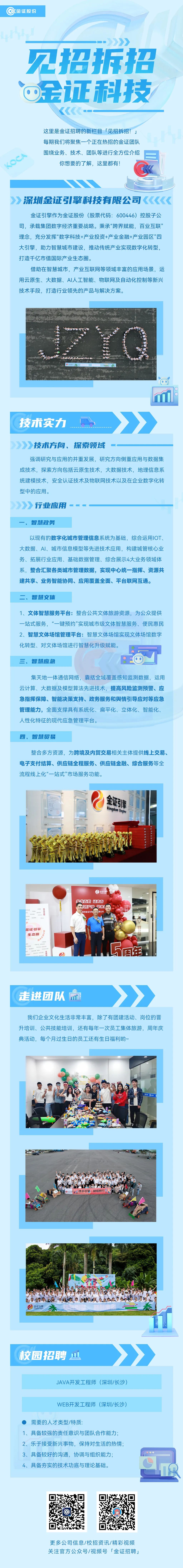 <p>金证股份</p>
<p>见招拆招<br/>OD<br/>金证科技</p>
<p>这里是金证招聘的新栏目「见招拆招!」<br/>每期我们将聚焦一个正在热招的金证团队<br/>围绕业务、技术、团队等进行全方位介绍</p>
<p>你想要的了解，这里都有!</p>
<p>深圳金证引擎科技有限公司</p>
<p>金证引擎作为金证股份(股票代码:600446)控股子公<br/>司，承载集团数字经济重要战略。秉承“跨界赋能，百业互联”<br/>理念，充分发挥“数字科技+产业投资+产业金融+产业园区”四<br/>大引擎，助力智慧城市建设，推动传统产业实现数字化转型，<br/>打造千亿市值国际产业生态圈。</p>
<p>借助在智慧城市，产业互联网等领域丰富的应用场景，运<br/>用云原生、大数据、AI人工智能、物联网及自动化控制等新兴<br/>技术手段，打造行业领先的产品与解决方案。</p>
<p>技术实力</p>
<p>技术方向、探索领域</p>
<p>强调研究与应用的并重发展，研究方向侧重应用与数据集<br/>成技术，探索方向包括云原生技术，大数据技术，地理信息系<br/>统建模技术，安全认证技术及物联网技术以及在企业数字化转<br/>型中的应用。</p>
<p>行业应用</p>
<p>一、智慧政务</p>
<p>以现有的数字化城市管理信息系统为基础，综合运用IOT、<br/>大数据、AI、城市信息模型等先进技术应用，构建城管核心业<br/>务、拓展行业应用、基础数据管理、综合展示4大业务领域体<br/>系，整合汇聚各类城市管理数据，实现中心统一指挥、资源共<br/>建共享、业务智能协同、应用覆盖全面、平台联网互通。</p>
<p>二、智慧文体</p>
<p>1、文体智慧服务平台:整合公共文体旅游资源，为公众提供<br/>一站式服务，“一键预约”实现城市级文体智慧服务、便民惠民<br/>2、智慧文体场馆管理平台:智慧文体场馆实现文体场馆数字<br/>化转型、对文体场馆进行智慧化升级赋能。</p>
<p>三、智慧应急</p>
<p>集天地一体通信网络，囊括全域覆盖感知监测数据，运用<br/>云计算、大数据及模型算法先进技术，提高风险监测预警、应<br/>急指挥保障、智能决策支持、政务服务和舆情引导应对等应急<br/>管理能力，全面支撑具有系统化、扁平化、立体化、智能化、<br/>人性化特征的现代应急管理平台。</p>
<p>四、智慧贸易</p>
<p>整合多方资源，为跨境及内贸交易相关主体提供线上交易、<br/>电子支付结算、供应链全程服务、供应链金融、综合服务等全<br/>流程线上化“一站式”市场服务功能。</p>
<p>金证引擎</p>
<p>Kingdom Engme</p>
<p>2<br/>浙</p>
<p>证N5</p>
<p>”</p>
<p>证</p>
<p>百业互聪</p>
<p>全戈五载 证青春</p>
<p>领产业 擎未<br/>深圳金证引</p>
<p>限公司</p>
<p>金证引擎<br/>号7是<br/>生态圈</p>
<p>庙年</p>
<p>走进团队</p>
<p>我们企业文化生活非常丰富，除了有团建活动、岗位的晋<br/>升培训、公共技能培训，还有每年一次员工集体旅游，周年庆<br/>典活动，每个月过生日的员工还有生日福利哟~</p>
<p>Qs</p>
<p>证<br/>携手引擎·砥砺前</p>
<p>I</p>
<p>校园招聘通</p>
<p>JAVA开发工程师(深圳/长沙)</p>
<p>WEB开发工程师(深圳/长沙)</p>
<p>需要的人才类型/特质:</p>
<p>1、具备较强的责任意识与团队合作能力;<br/>2、乐于接受新兴事物，保持对生活的热情;<br/>3、具备较好的沟通，协调与组织能力;</p>
<p>4、具备夯实的技术功底与理论基础。</p>
<p> </p>
<p>更多公司信息/校招资讯/精彩视频<br/>关注官方公众号/视频号「金证招聘」</p>
