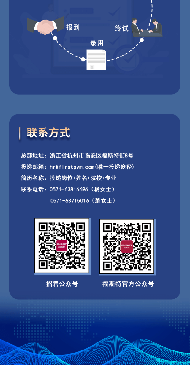 <p>报到</p>
<p>录用</p>
<p>终试</p>
<p>联系方式</p>
<p>总部地址:浙江省杭州市临安区福斯特街8号<br/>投递邮箱:hr@firstpvm.com(唯一投递途径)<br/>简历名称:投递岗位+姓名+院校+专业</p>
<p>联系电话:0571-63816696(杨女士)</p>
<p>0571-63715016(萧女士)</p>
<p>FRS</p>
<p>招聘公众号</p>
<p>福斯特官方公众号</p>
