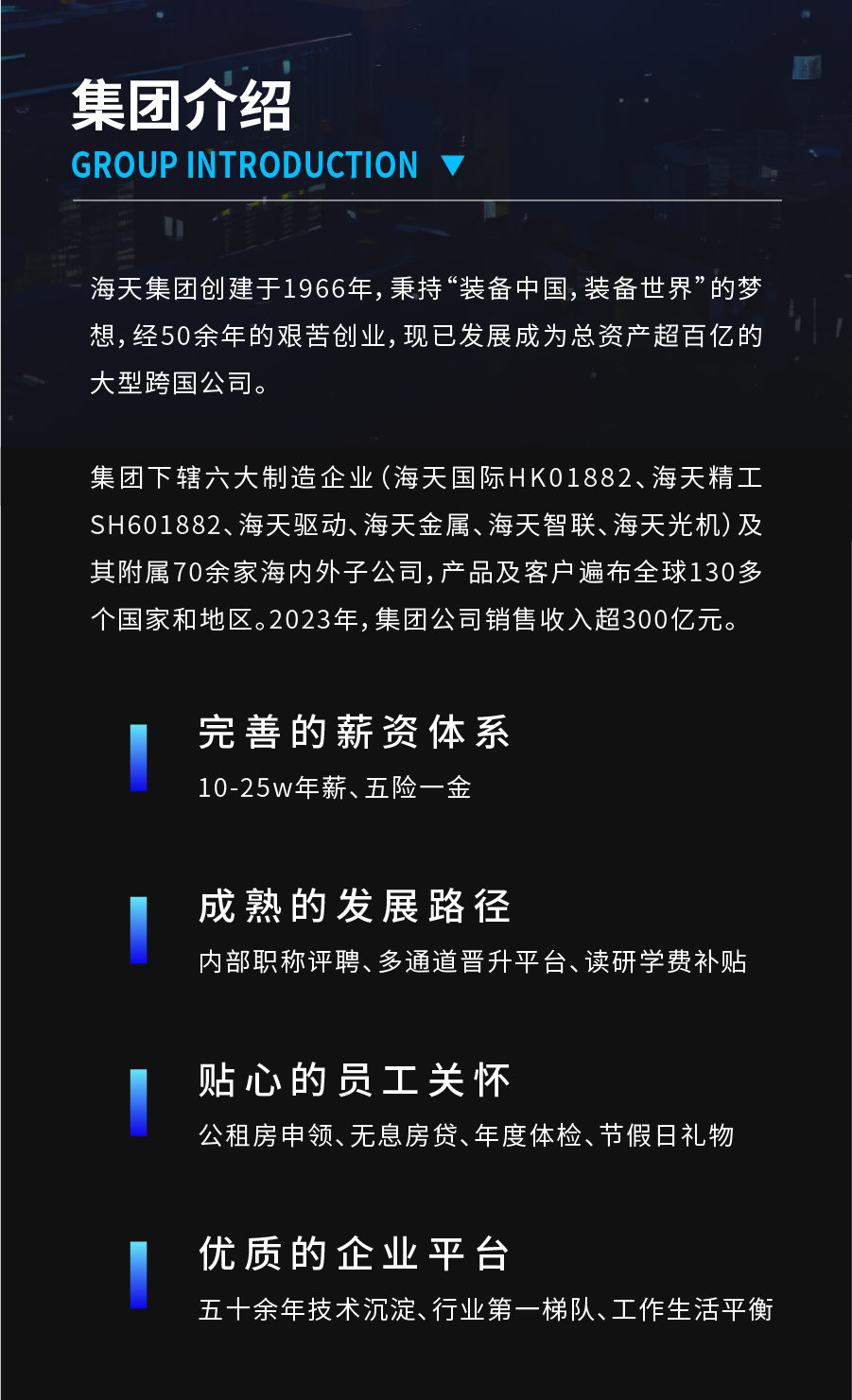 <p>集团介绍</p>
<p>GROUPINTRODUCTION</p>
<p>海天集团创建于1966年,秉持“装备中国,装备世界”的梦<br/>想,经50余年的艰苦创业,现已发展成为总资产超百亿的<br/>大型跨国公司。</p>
<p>集团下辖六大制造企业(海天国际HK01882、海天精工<br/>SH601882、海天驱动、海天金属、海天智联、海天光机)及<br/>其附属70余家海内外子公司,产品及客户遍布全球130多<br/>个国家和地区。2023年,集团公司销售收入超300亿元。</p>
<p>完善的薪资体系<br/>10-25w年薪、五险一金</p>
<p>成熟的发展路径</p>
<p>内部职称评聘、多通道晋升平台、读研学费补贴</p>
<p>贴心的员工关怀</p>
<p>公租房申领、无息房贷、年度体检、节假日礼物</p>
<p>优质的企业平台</p>
<p>五十余年技术沉淀、行业第一梯队、工作生活平衡</p>
