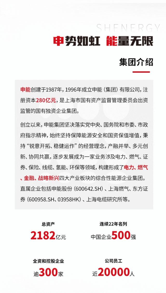 <p>SHENERGY</p><p>申势如虹能量无限</p><p>集团介绍</p><p>申能创建于1987年,1996年成立申能(集团)有限公司,注<br/>册资本280亿元,是上海市国有资产监督管理委员会出资<br/>监管的国有独资企业集团。</p><p>创立以来,申能集团坚决落实党中央、国务院和市委、市政<br/>府指示精神,始终坚持保障能源安全和国资保值增值,秉<br/>持“锐意开拓、稳健运作”的经营理念,产融并举、多元创<br/>新、协同共赢,逐步发展成为一家业务涉及电力、燃气、证<br/>券、保险、线缆、氢能、环保等领域,构建形成了电力、燃气<br/>金融、战略新兴四大产业板块的综合性能源企业集团。<br/>直属企业包括申能股份(600642.SH)、上海燃气、东方证<br/>券(600958.SH、03958HK)、上海电缆研究所等。</p><p>总资产</p><p>2182亿元</p><p>连续22年名列<br/>中国企业500强</p><p>全资和控股企业<br/>逾300家</p><p>公司员工</p><p>近20000人</p>