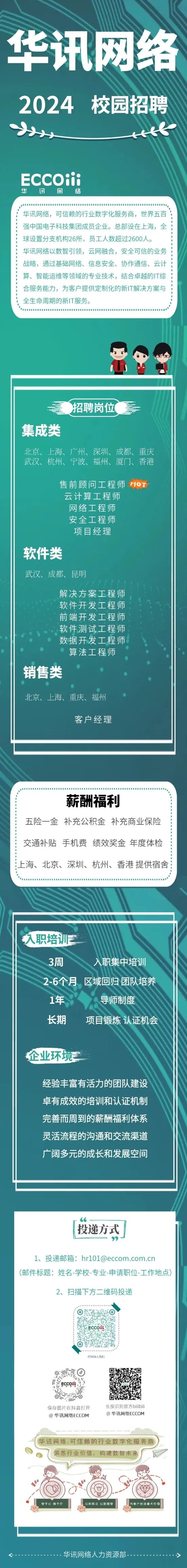 <p>华讯网络<br/>2024校园招聘</p>
<p>ECCOiii<br/>华<br/>讯<br/> <br/>络</p>
<p>华讯网络，可信赖的行业数字化服务商，世界五百<br/>强中国电子科技集团成员企业。总部设在上海，全<br/>球设置分支机构26所，员工人数超过2600人。</p>
<p>华讯网络以数智引领，云网融合，安全可信的业务<br/>战略，通过基础网络、信息安全、协作通信、云计<br/>算、智能运维等领域的专业技术，结合卓越的IT综<br/>合服务能力，为客户提供定制化的新IT解决方案与<br/>全生命周期的新IT服务。</p>
<p>招聘岗位</p>
<p>集成类</p>
<p>北京、上海、广州、深圳、<br/>成都、<br/>重庆<br/>武汉、<br/>杭州、宁波、福州、厦门、香港</p>
<p>售前顾问工程师HoT<br/>云计算工程师</p>
<p>网络工程师</p>
<p>安全工程师</p>
<p>项目经理</p>
<p>软件类</p>
<p>武汉、成都、昆明</p>
<p>解决方案工程师<br/>软件开发工程师<br/>前端开发工程师<br/>软件测试工程师<br/>数据开发工程师</p>
<p>算法工程师</p>
<p>销售类</p>
<p>北京、上海、重庆、福州</p>
<p>客户经理</p>
<p>薪酬福利</p>
<p>五险一金补充公积金补充商业保险</p>
<p>交通补贴手机费绩效奖金年度体检</p>
<p>上海、北京、深圳、杭州、香港提供宿舍</p>
<p>入职培训</p>
<p>3周</p>
<p>入职集中培训</p>
<p>2-6个月区域回归团队培养<br/>1年</p>
<p>导师制度</p>
<p>长期</p>
<p>项目锻炼 认证机会</p>
<p>企业环境</p>
<p>经验丰富有活力的团队建设<br/>卓有成效的培训和认证机制<br/>完善而周到的薪酬福利体系<br/>灵活流程的沟通和交流渠道<br/>广阔多元的成长和发展空间</p>
<p>投递方式</p>
<p>1、投递邮箱:hr10l@eccom.com.cn</p>
<p>(邮件标题:姓名-学校-专业-申请职位-工作地点)</p>
<p>2、扫描下方二维码投递</p>
<p>皖<br/> <br/>ECCOi:</p>
<p>扫码加人我</p>
<p>保存图片在抖音打开<br/>@华讯网络ECCOM</p>
<p>长按识别官方bilbil<br/>@华讯网络ECCOM</p>
<p>华讯网络.可信赖的行业数字化服务商<br/>洞悉行业价值，构建数智未来</p>
<p>智于心臻于行</p>
<p>以网联示以教财智</p>
<p>为睿户创造最大价值</p>
<p>华讯网络人力资源部</p>
