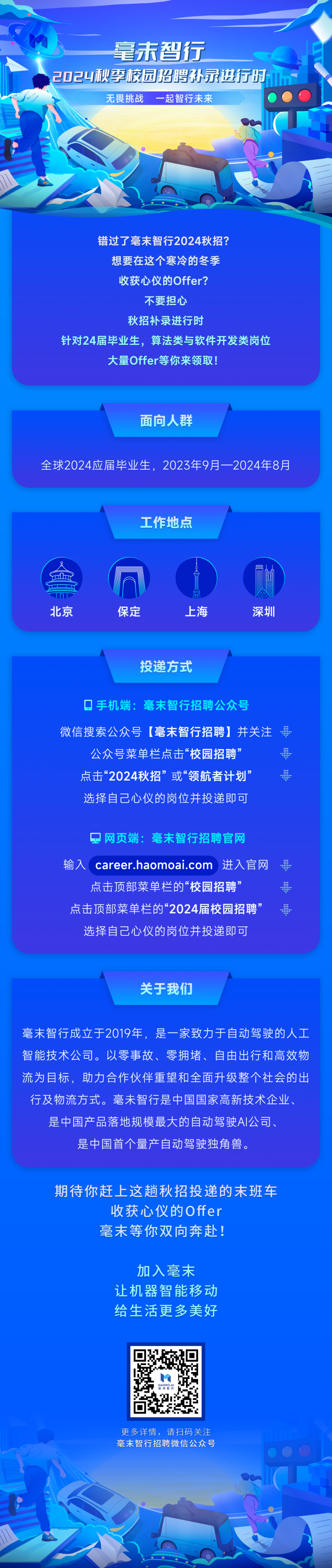 <p>毫未智行</p>
<p>2024秋季校园招聘孙录进行时</p>
<p>无畏挑战 一起智行未来</p>
<p> </p>
<p>错过了毫末智行2024秋招?</p>
<p>想要在这个寒冷的冬季</p>
<p>收获心仪的Offer?</p>
<p>不要担心</p>
<p>秋招补录进行时</p>
<p>针对24届毕业生，算法类与软件开发类岗位</p>
<p>大量Offer等你来领取!</p>
<p>面向人群</p>
<p>全球2024应届毕业生，2023年9月一2024年8月</p>
<p>工作地点</p>
<p>北京</p>
<p>保定</p>
<p>上海</p>
<p>深圳</p>
<p>投递方式</p>
<p>口手机端:毫末智行招聘公众号</p>
<p>微信搜索公众号[毫末智行招聘]并关注<br/>公众号菜单栏点击&ldquo;校园招聘&rdquo;</p>
<p>点击&ldquo;2024秋招&rdquo;或&ldquo;领航者计划&rdquo;<br/>选择自己心仪的岗位并投递即可</p>
<p>网页端:毫末智行招聘官网</p>
<p>输入</p>
<p>career.haomoai.com<br/>进入官网<br/>点击顶部菜单栏的&ldquo;校园招聘&rdquo;</p>
<p>点击顶部菜单栏的&ldquo;2024届校园招聘&rdquo;</p>
<p>选择自己心仪的岗位并投递即可</p>
<p>关于我们</p>
<p>毫末智行成立于2019年，是一家致力于自动驾驶的人工<br/>智能技术公司。以零事故、零拥堵、自由出行和高效物<br/>流为目标，助力合作伙伴重望和全面升级整个社会的出<br/>行及物流方式。毫未智行是中国国家高新技术企业、</p>
<p>是中国产品落地规模最大的自动驾驶AI公司、<br/>是中国首个量产自动驾驶独角兽。</p>
<p>期待你赶上这趟秋招投递的末班车</p>
<p>收获心仪的Offer</p>
<p>毫末等你双向奔赴!</p>
<p>加入毫末<br/>让机器智能移动<br/>给生活更多美好</p>
<p>4</p>
<p>更多详情，请扫码关注<br/>毫末智行招聘微信公众号</p>
<p>2</p>
