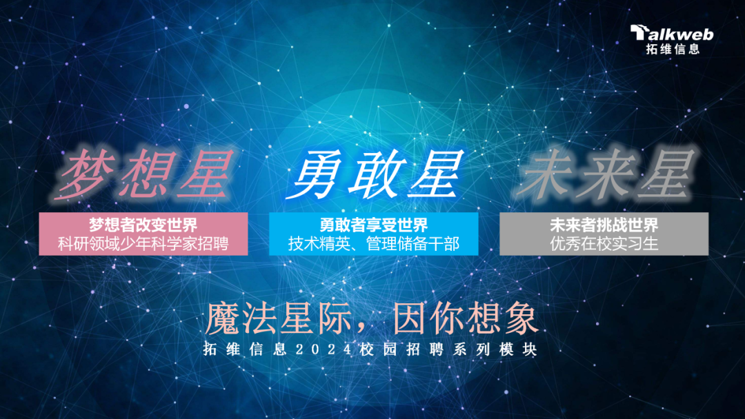 <p>alkweb</p>
<p>拓维信息</p>
<p>梦想星勇敢星未来星</p>
<p>梦想者改变世界勇敢者享受世界未来者挑战世界</p>
<p>科研领域少年科学家招聘技术精英、管理储备干部优秀在校实习生</p>
<p>魔法星际,因你想象</p>
<p>拓维信息2024校园招聘系列模块</p>