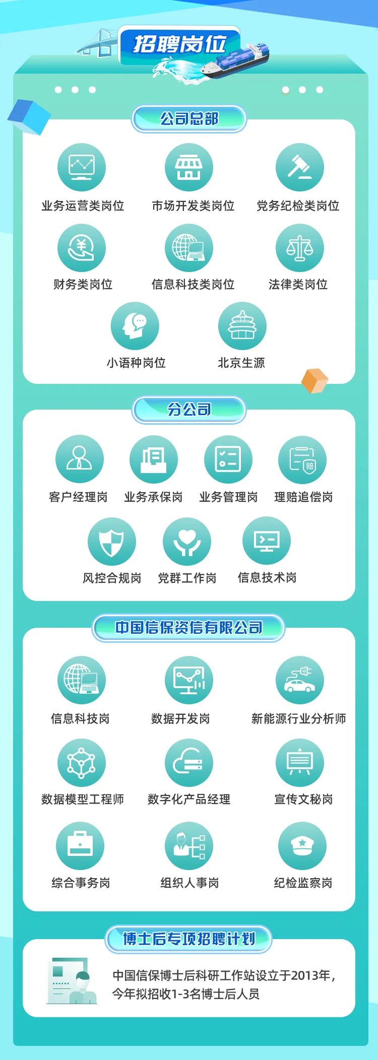 <p>招聘岗位</p>
<p>    . </p>
<p>公司总部</p>
<p>L nJ\'</p>
<p>业务运营类岗位市场开发类岗位党务纪检类岗位</p>
<p>甘y</p>
<p>财务类岗位信息科技类岗位法律类岗位</p>
<p>一3</p>
<p>小语种岗位北京生源</p>
<p>分公司</p>
<p>C旧赔</p>
<p>客户经理岗 业务承保岗 业务管理岗理赔追偿岗</p>
<p>>-</p>
<p>风控合规岗 党群工作岗信息技术岗</p>
<p>中国信保资信有限公司</p>
<p>厂世al1sF</p>
<p>信息科技岗数据开发岗新能源行业分析师</p>
<p>息</p>
<p>数据模型工程师数字化产品经理宣传文秘岗</p>
<p>f厂 </p>
<p>综合事务岗组织人事岗纪检监察岗</p>
<p>博士后专项招聘计划</p>
<p>中国信保博士后科研工作站设立于2013年,</p>
<p>今年拟招收1-3名博士后人员</p>
