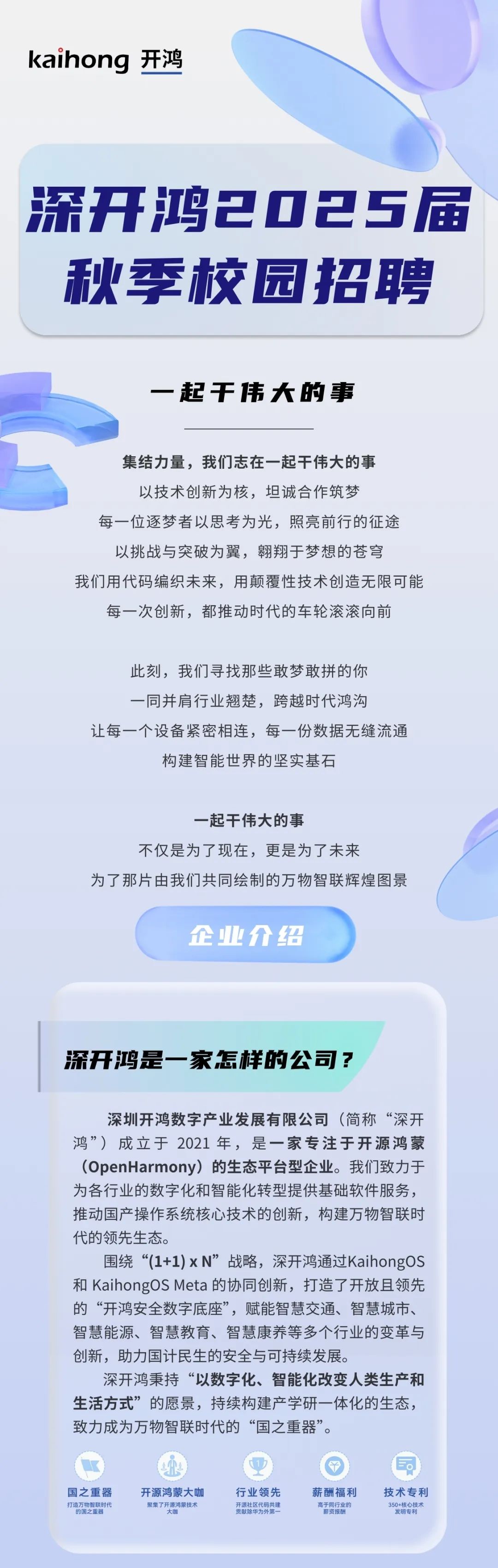 <p>kaihong开鸿</p>
<p>深开鸿2025届<br/>秋季校园招聘</p>
<p>一起干伟大的事</p>
<p>集结力量，我们志在一起干伟大的事</p>
<p>以技术创新为核，坦诚合作筑梦</p>
<p>每一位逐梦者以思考为光，照亮前行的征途</p>
<p>以挑战与突破为翼，翱翔于梦想的苍穹</p>
<p>我们用代码编织未来，用颠覆性技术创造无限可能<br/>每一次创新，都推动时代的车轮滚滚向前</p>
<p>此刻，我们寻找那些敢梦敢拼的你<br/>一同并肩行业翘楚，跨越时代鸿沟</p>
<p>让每一个设备紧密相连，每一份数据无缝流通</p>
<p>构建智能世界的坚实基石</p>
<p>一起干伟大的事</p>
<p>不仅是为了现在，更是为了未来</p>
<p>为了那片由我们共同绘制的万物智联辉煌图景</p>
<p>企业介绍</p>
<p>深开鸿是一家怎样的公司?</p>
<p>深圳开鸿数字产业发展有限公司(简称“深开<br/>鸿”)成立于2021年，是一家专注于开源鸿蒙<br/>(OpenHarmony)的生态平台型企业。我们致力于<br/>为各行业的数字化和智能化转型提供基础软件服务，<br/>推动国产操作系统核心技术的创新，构建万物智联时<br/>代的领先生态。</p>
<p>围绕“(1+1)x N”战略，深开鸿通过KaihongOS<br/>和 KaihongOSMeta 的协同创新，打造了开放且领先<br/>的“开鸿安全数字底座”，赋能智慧交通、智慧城市、<br/>智慧能源、智慧教育、智慧康养等多个行业的变革与<br/>创新，助力国计民生的安全与可持续发展。</p>
<p>深开鸿秉持“以数字化、智能化改变人类生产和<br/>生活方式”的愿景，持续构建产学研一体化的生态，<br/>致力成为万物智联时代的“国之重器”。</p>
<p>国之重器<br/>打造万物智联时代</p>
<p>的国之重器</p>
<p>开源鸿蒙大咖<br/>聚集了开源鸿蒙技术</p>
<p>大咖</p>
<p>行业领先</p>
<p>开源社区代码共建<br/>贡献除华为外第一</p>
<p>薪酬福利</p>
<p>高于同行业的<br/>薪资报酬</p>
<p>技术专利</p>
<p>350+核心技术<br/>发明专利</p>
