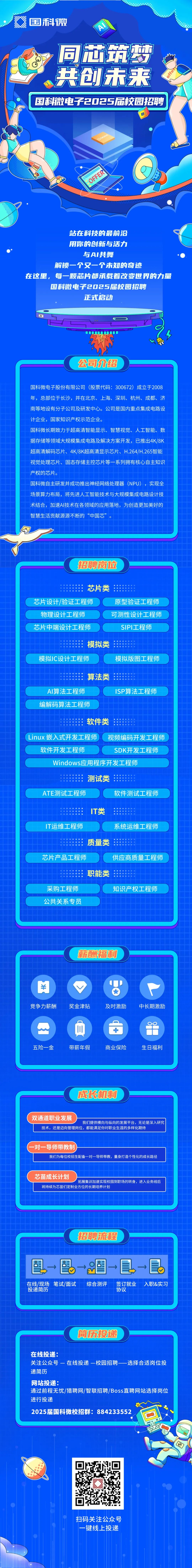 <p>国科微</p>
<p>AI</p>
<p>同近筑梦<br/>共创未来</p>
<p> </p>
<p>国科微电子2025届校园招聘</p>
<p>R</p>
<p> </p>
<p>QFFER</p>
<p>站在科技的最前沿</p>
<p>用你的创新与活力</p>
<p>与AI共舞</p>
<p>解锁一个又一个未知的奇迹</p>
<p>在这里，每一颗芯片都承载着改变世界的力量</p>
<p>国科微电子2025届校园招聘</p>
<p>正式启动</p>
<p>公司介绍</p>
<p>国科微电子股份有限公司(股票代码:300672)成立于2008<br/>年，总部位于长沙，并在北京、上海、深圳、杭州、成都、济<br/>南等地设有分子公司及研发中心。公司是国内重点集成电路设<br/>计企业，国家知识产权示范企业。</p>
<p>国科微长期致力于超高清智能显示、智慧视觉、人工智能、数<br/>据存储等领域大规模集成电路及解决方案开发，已推出4K/8K<br/>超高清解码芯片、4K/8K超高清显示芯片、H.264/H.265智能<br/>视觉处理芯片、固态存储主控芯片等一系列拥有核心自主知识<br/>产权的芯片。</p>
<p>国科微自主研发并成功推出神经网络处理器<br/>(NPU)，实现全<br/>场景算力布局，将先进人工智能技术与大规模集成电路设计技<br/>术结合，加速AI技术在各领域的应用落地，为创造更加美好的<br/>智慧生活贡献源源不断的&ldquo;中国芯&rdquo;</p>
<p>招聘岗位</p>
<p>芯片类</p>
<p>芯片设计/验证工程师</p>
<p>原型验证工程师</p>
<p>物理设计工程师</p>
<p>可测性设计工程师</p>
<p>芯片中端设计工程师</p>
<p>SIPI工程师</p>
<p>模拟类</p>
<p>模拟1IC设计工程师</p>
<p>模拟版图工程师</p>
<p>算法类</p>
<p>AI算法工程师</p>
<p>编解码算法工程师</p>
<p>ISP算法工程师</p>
<p>软件类</p>
<p>Linux嵌入式开发工程师</p>
<p>视频编码开发工程师</p>
<p>软件开发工程师</p>
<p>SDK开发工程师</p>
<p>Windows应用程序开发工程师</p>
<p>测试类</p>
<p>ATE测试工程师</p>
<p>软件测试工程师</p>
<p>IT运维工程师</p>
<p>IT类</p>
<p>系统运维工程师</p>
<p>质量类</p>
<p>芯片产品工程师</p>
<p>供应商质量工程师</p>
<p>采购工程师<br/>公共关系专员</p>
<p>职能类</p>
<p>知识产权工程师</p>
<p>薪酬福利</p>
<p>￥</p>
<p>竞争力薪酬</p>
<p>奖金津贴</p>
<p>及时激励</p>
<p>中长期激励</p>
<p>E</p>
<p>+</p>
<p>五险一金</p>
<p>带薪年假</p>
<p>商业保险</p>
<p>生日福利</p>
<p>成长机制</p>
<p>双通道职业发展<br/>我们提供横向与纵向的发展平台，无论是深入研究<br/>技术，还是迈向管理岗位，都能满足你对职业生涯的多样化期待</p>
<p>一对一导师带教制</p>
<p>我们为每位校招生配备一对一导师带教，量身打造个性化的成长路径</p>
<p>芯苗成长计划</p>
<p>拓展集训加速实现校园到职场的转身，进入业务线后</p>
<p>将持续为芯苗们定制全方位的长期培养计划</p>
<p>招聘流程</p>
<p>在线/现场 笔试/面试<br/>投递简历</p>
<p>综合测评</p>
<p>签订就业<br/>协议</p>
<p>入职&实习</p>
<p>简历投递</p>
<p>在线投递:</p>
<p>关注公众号-在线投递一校园招聘选择合适岗位投<br/>递简历</p>
<p>网站投递:</p>
<p>通过前程无忧/猎聘网/智联招聘/Boss直聘网站选择岗位<br/>进行投递</p>
<p>2025届国科微校招群:884233552</p>
<p> </p>
<p>扫码关注公众号<br/>一键线上投递</p>
