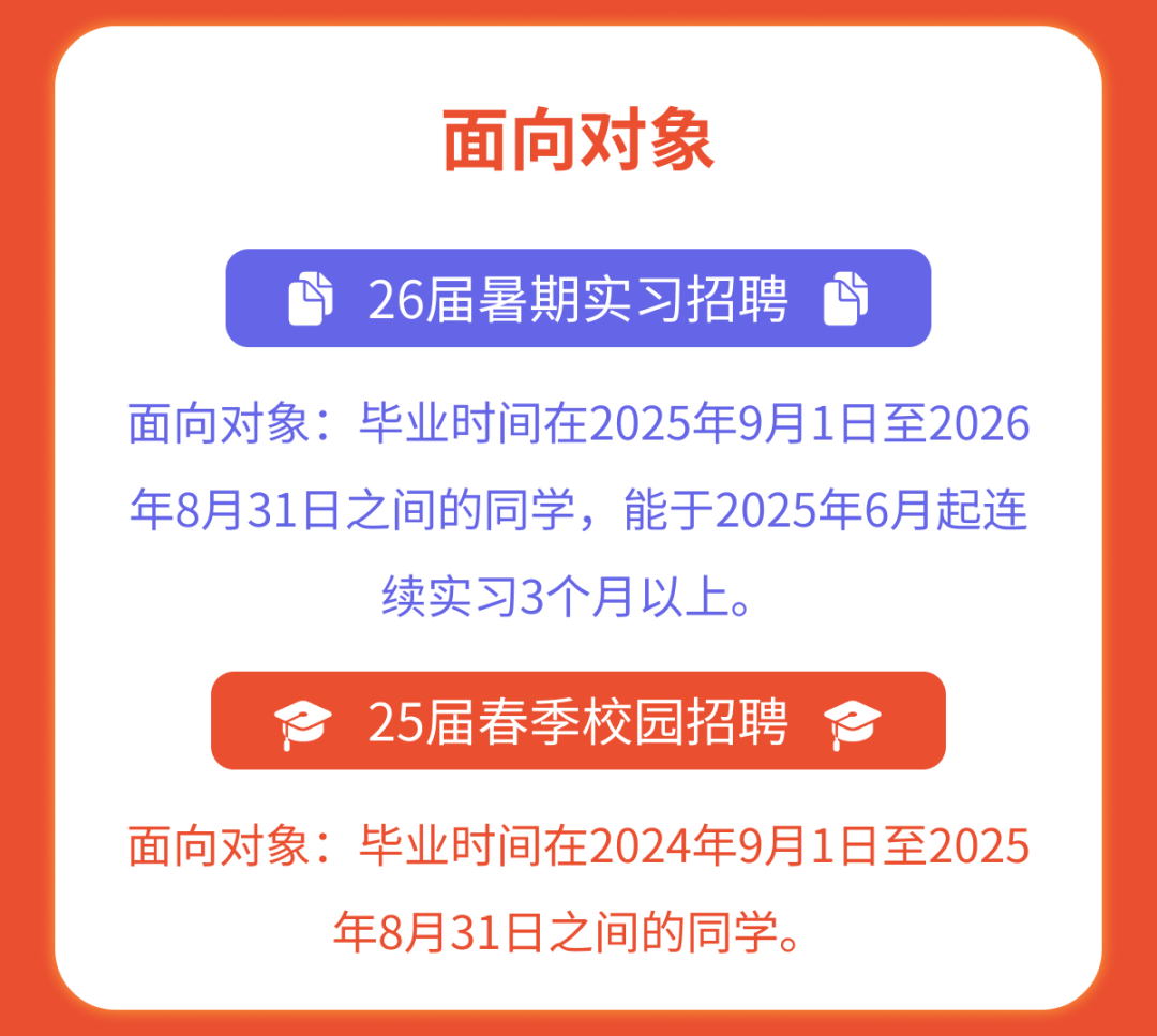 <p>面向对象</p>
<p>26届暑期实习招聘</p>
<p>面向对象:毕业时间在2025年9月1日至2026<br/>年8月31日之间的同学，能于2025年6月起连</p>
<p>续实习3个月以上。</p>
<p>25届春季校园招聘</p>
<p>面向对象:毕业时间在2024年9月1日至2025</p>
<p>年8月31日之间的同学。</p>
