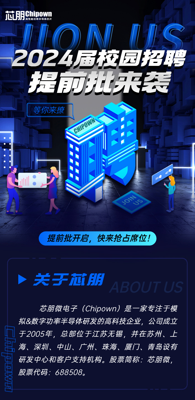 芯朋Ghioww\\n性能功率半导体芯片\\nONLS\\n2024届校园招聘\\n提前批来袭\\n等你来撩\\n?\\n235\\nJON\\n5\\n提前批开启，快来抢占席位!\\n关芯朋\\nABOUTUS\\n芯朋微电子(Chipown)是一家专注于模\\n拟&数字功率半导体研发的高科技企业，公司成立\\n于2005年，总部位于江苏无锡，并在苏州、上\\n海、深圳、中山、广州、珠海、厦门、青岛设有\\n研发中心和客户支持机构。股票简称:芯朋微，\\n股票代码:688508。\\n