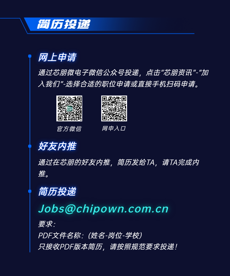 简历投递\\n网上申请\\n通过芯朋微电子微信公众号投递，点击”芯朋资讯”-\