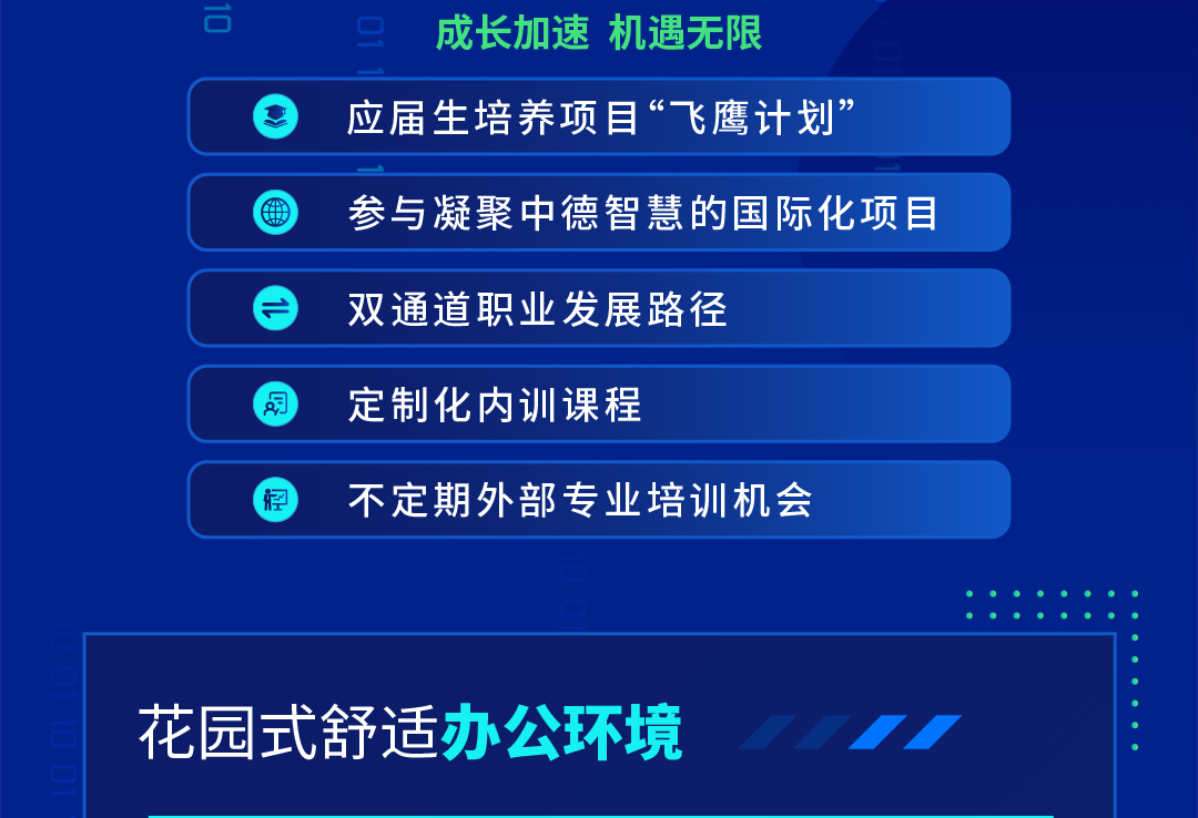 <p>成长加速机遇无限</p>
<p>应届生培养项目&ldquo;飞鹰计划&rdquo;</p>
<p>参与凝聚中德智慧的国际化项目<br/>双通道职业发展路径</p>
<p>定制化内训课程</p>
<p>不定期外部专业培训机会</p>
<p>花园式舒适办公环境</p>
