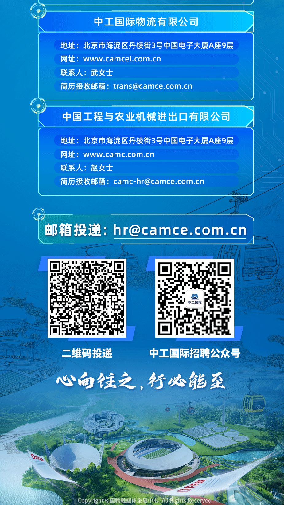 <p>二维码投递中工国际招聘公众号</p>
<p>心向往之,行必能至</p>
<p>Copyright o国聘融媒体发展中心AlIRights Reserved</p>
<table>
<tr><td colspan="2"></td>
</tr>
<tr><td colspan="2">中工国际物流有限公司</td>
</tr>
<tr><td colspan="2">地址:北京市海淀区丹棱街3号中国电子大厦A座9层网址: www.camcel.com.cn联系人:武女士简历接收邮箱: trans@camce.com.cn</td>
</tr>
<tr><td colspan="2"></td>
</tr>
<tr><td colspan="2">中国工程与农业机械进出☐有限公司</td>
</tr>
<tr><td colspan="2">地址:北京市海淀区丹棱街3号中国电子大厦A座9层网址: www.camc.com.cn联系人:赵女士简历接收邮箱: camc-hr@camce.com.cn</td>
</tr>
<tr><td colspan="2">邮箱投递: hr@camce.com.cn147</td>
</tr>
<tr><td>行 回卢经</td>
<td>0回l. 、中工国际 q bh</td>
</tr>
</table>