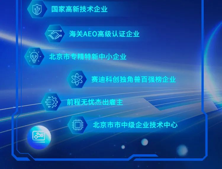 <p>国家高新技术企业</p>
<p>海关AEO高级认证企业</p>
<p>北京市专精特新中小企业</p>
<p>3赛迪科创独角兽百强榜企业</p>
<p>前程无忧杰出雇主</p>
<p>☐北京市市中级企业技术中心</p>
