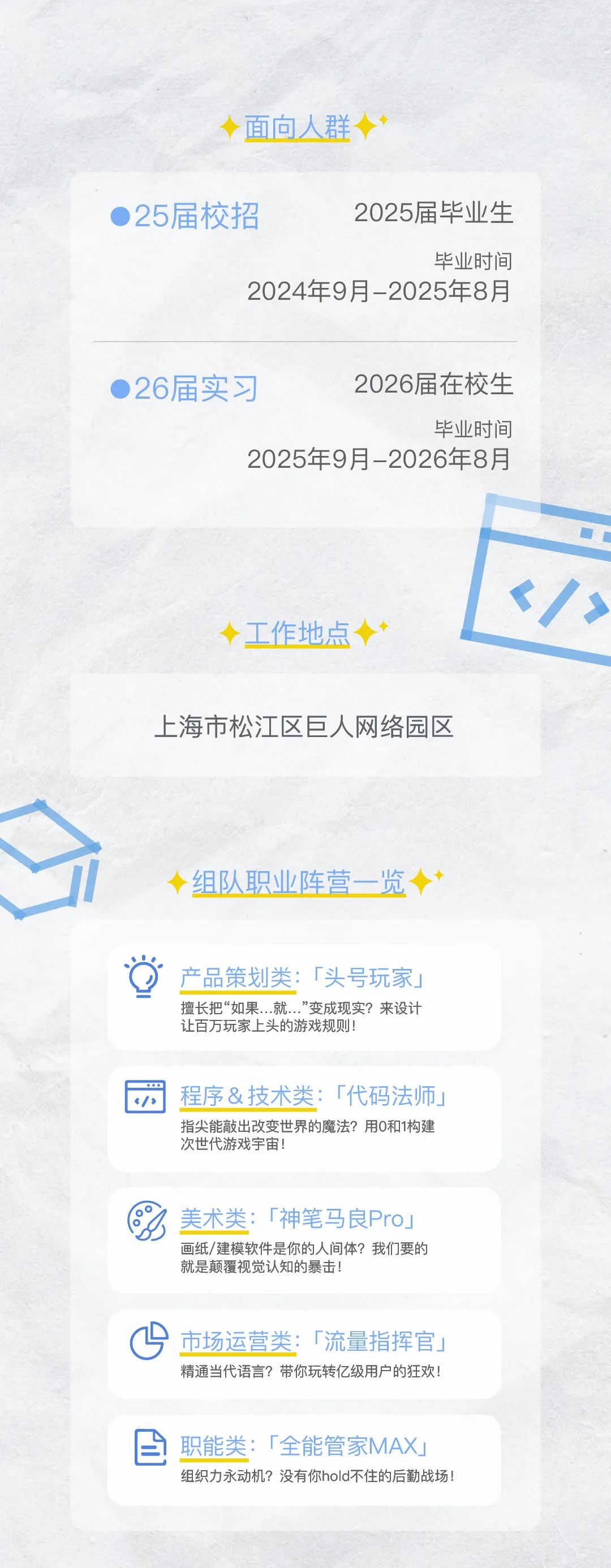 <p>面向人群</p>
<p>25届校招</p>
<p>2025届毕业生</p>
<p>毕业时间</p>
<p>2024年9月-2025年8月</p>
<p>26届实习</p>
<p>2026届在校生</p>
<p>毕业时间</p>
<p>2025年9月-2026年8月</p>
<p>工作地点</p>
<p>上海市松江区巨人网络园区</p>
<p>组队职业阵营一览</p>
<p>产品策划类:「头号玩家」<br/>擅长把“如果...就...”变成现实?来设计<br/>让百万玩家上头的游戏规则!</p>
<p>程序&技术类:「代码法师」<br/>指尖能敲出改变世界的魔法?用0和1构建<br/>次世代游戏宇宙</p>
<p>美术类:「神笔马良Pro」<br/>画纸/建模软件是你的人间体?我们要的<br/>就是颠覆视觉认知的暴击!</p>
<p>市场运营类:「流量指挥官」<br/>精通当代语言?带你玩转亿级用户的狂欢!</p>
<p>职能类:「全能管家MAX<br/>组织力永动机?没有你hold不住的后勤战场!</p>
