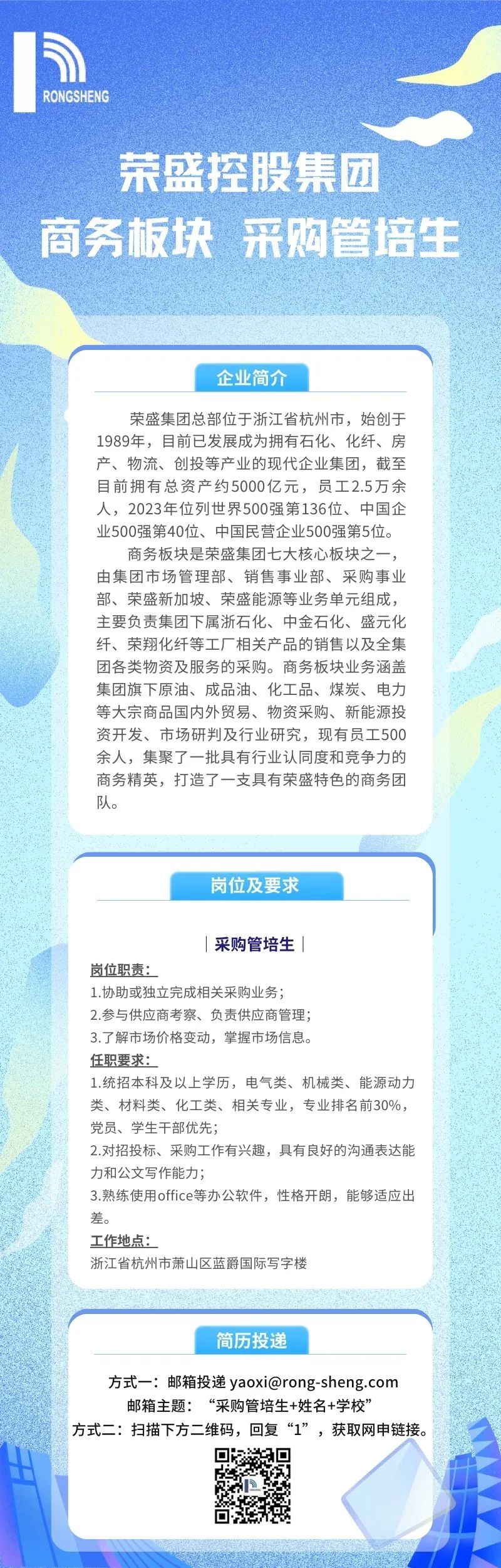 <p>RONGSHENG</p>
<p>荣盛控股集团</p>
<p>商务板块采购管培生</p>
<p>企业简介</p>
<p>荣盛集团总部位于浙江省杭州市,始创于</p>
<p>1989年, 目前已发展成为拥有石化、化纤、房</p>
<p>产、物流、创投等产业的现代企业集团,截至</p>
<p>目前拥有总资产约5000亿元,员工2.5万余</p>
<p>人,2023年位列世界500强第136位、中国企</p>
<p>业500强第40位、中国民营企业500强第5位。</p>
<p>商务板块是荣盛集团七大核心板块之一,</p>
<p>由集团市场管理部、销售事业部、采购事业</p>
<p>部、荣盛新加坡、荣盛能源等业务单元组成,</p>
<p>主要负责集团下属浙石化、中金石化、盛元化</p>
<p>纤、荣翔化纤等工厂相关产品的销售以及全集</p>
<p>团各类物资及服务的采购。商务板块业务涵盖</p>
<p>集团旗下原油、成品油、化工品、煤炭、电力</p>
<p>等大宗商品国内外贸易、物资采购、新能源投</p>
<p>资开发、市场研判及行业研究,现有员工500</p>
<p>余人,集聚了一批具有行业认同度和竞争力的</p>
<p>商务精英,打造了一支具有荣盛特色的商务团</p>
<p>队。</p>
<p>岗位及要求</p>
<p> 采购管培生</p>
<p>岗位职责:</p>
<p>1.协助或独立完成相关采购业务;</p>
<p>2.参与供应商考察、负责供应商管理;</p>
<p>3.了解市场价格变动,掌握市场信息。</p>
<p>任职要求:</p>
<p>1.统招本科及以上学历,电气类、机械类、能源动力</p>
<p>类、材料类、化工类、相关专业,专业排名前30%,</p>
<p>党员、学生干部优先;</p>
<p>2.对招投标、采购工作有兴趣,具有良好的沟通表达能</p>
<p>力和公文写作能力;</p>
<p>3.熟练使用office等办公软件,性格开朗,能够适应出</p>
<p>差。</p>
<p>工作地点:</p>
<p>浙江省杭州市萧山区蓝爵国际写字楼</p>
<p>简历投递</p>
<p>方式- -:邮箱投递yaoxi@rong-sheng.com</p>
<p>邮箱主题: “采购管培生+姓名+学校”</p>
<p>方式二:扫描下方二维码,回复“1”,获取网申链接。</p>
