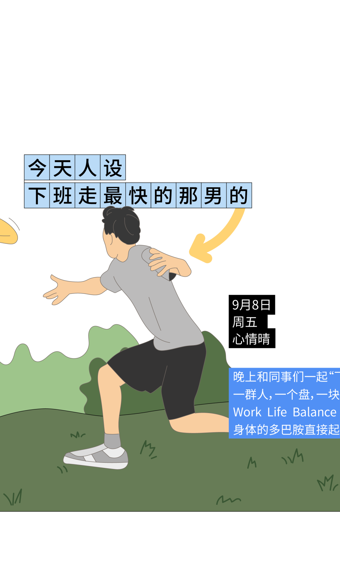 <p>今天人设</p>
<p>下班走 最快的那男的</p>
<p>9月8日</p>
<p>周五</p>
<p>心情晴</p>
<p> </p>
<p>晚上和同事们一起“-<br/>一群人,一个盘,一块<br/>Work Life Balance<br/>身体的多巴胺直接起</p>
<p>/</p>
