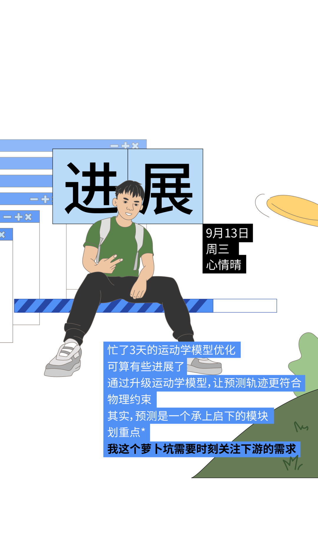 <p>一+x<br/>K</p>
<p>进展</p>
<p>9月13日</p>
<p>周三<br/>心情晴</p>
<p>忙了3天的运动学模型优化</p>
<p>可算有些进展了</p>
<p>通过升级运动学模型,让预测轨迹更符合<br/>物理约束</p>
<p>其实,预测是一个承上启下的模块<br/>划重点*</p>
<p>我这个萝卜坑需要时刻关注下游的需求</p>
