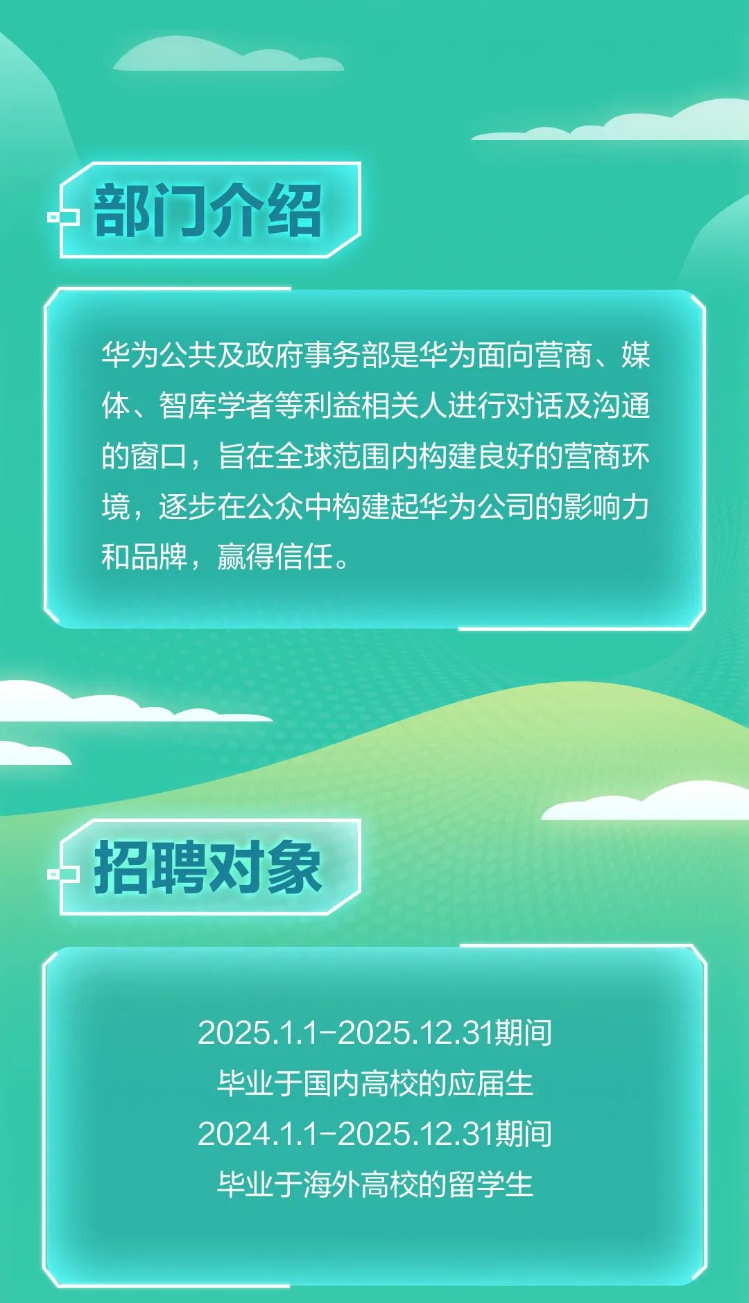 <p>部门介绍</p>
<p>华为公共及政府事务部是华为面向营商、媒<br/>体、智库学者等利益相关人进行对话及沟通<br/>的窗口，旨在全球范围内构建良好的营商环<br/>境，逐步在公众中构建起华为公司的影响力<br/>和品牌，赢得信任。</p>
<p>招聘对象</p>
<p>2025.1.1-2025.12.31期间<br/>毕业于国内高校的应届生<br/>2024.1.1-2025.12.31期间<br/>毕业于海外高校的留学生</p>
