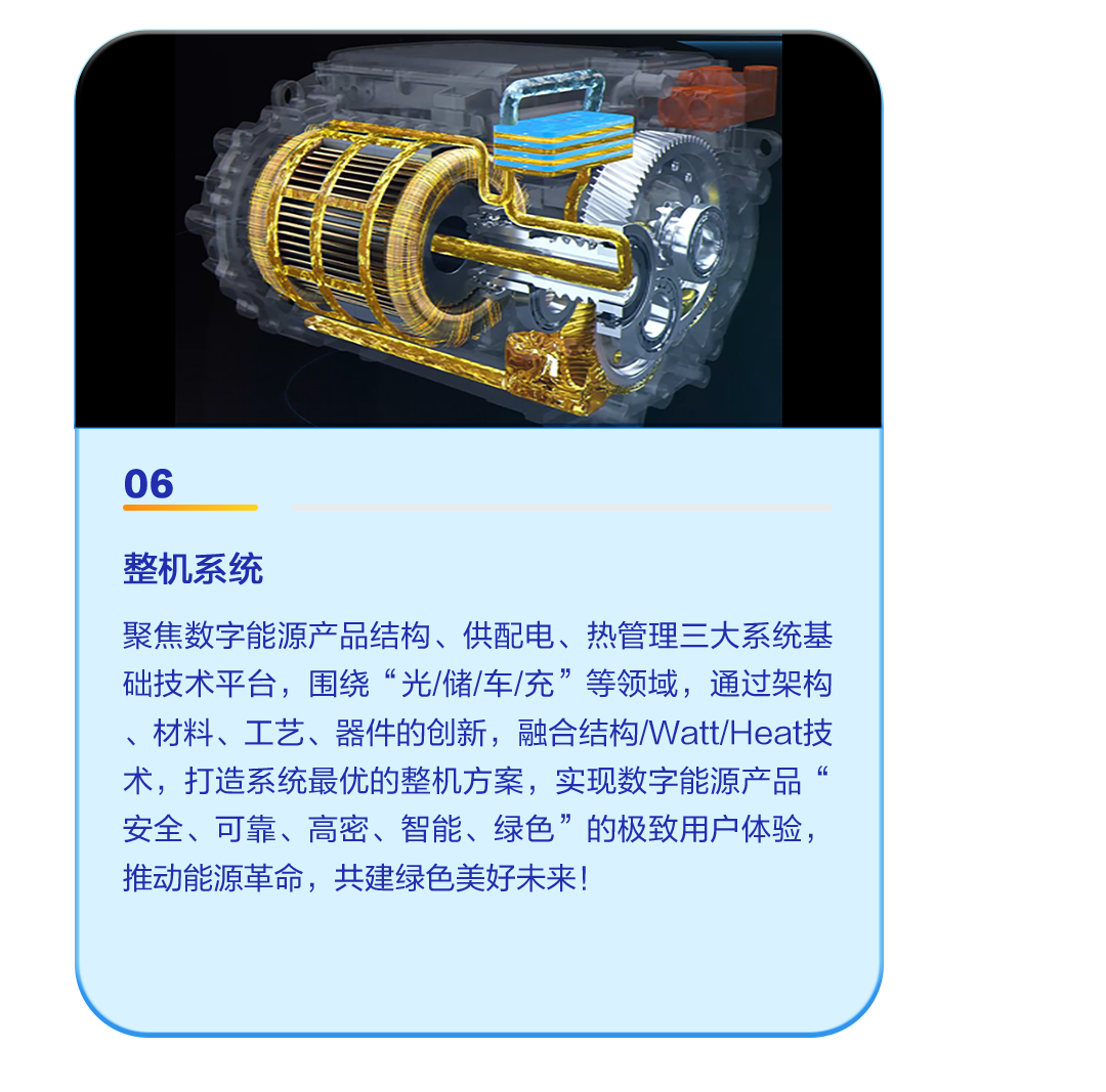 <p>06</p>
<p>整机系统</p>
<p>聚焦数字能源产品结构、供配电、热管理三大系统基</p>
<p>础技术平台,围绕“光/储/车/充”等领域,通过架构</p>
<p>、材料、工艺、器件的创新,融合结构/Watt/Heat技</p>
<p>术,打造系统最优的整机方案,实现数字能源产品“</p>
<p>安全、可靠、高密、智能、绿色”的极致用户体验,</p>
<p>推动能源革命,共建绿色美好未来!</p>
