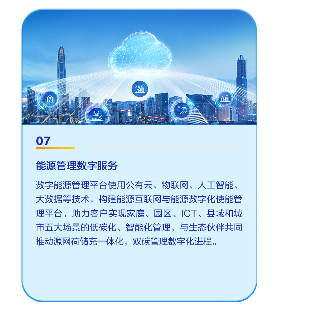 <p>A图</p>
<p>华盘</p>
<p>07</p>
<p>能源管理数字服务</p>
<p>数字能源管理平台使用公有云、物联网、人工智能、</p>
<p>大数据等技术,构建能源互联网与能源数字化使能管</p>
<p>理平台,助力客户实现家庭、园区、ICT、县域和城</p>
<p>市五大场景的低碳化、智能化管理,与生态伙伴共同</p>
<p>推动源网荷储充一 体化,双碳管理数字化进程。</p>
