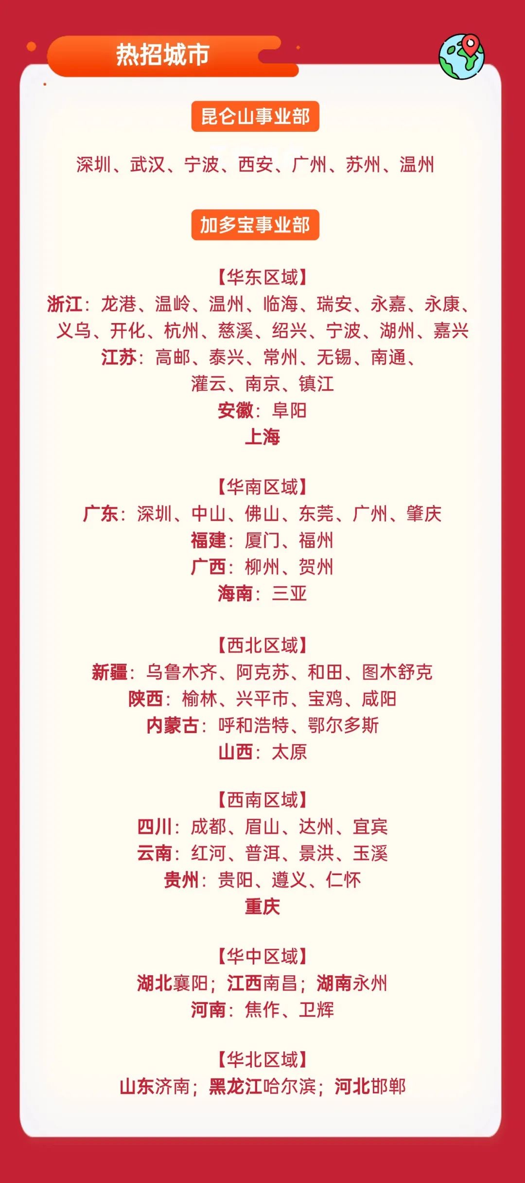 <p>热招城市</p>
<p>昆仑山事业部</p>
<p>深圳、武汉、宁波、西安、广州、苏州、温州</p>
<p>加多宝事业部</p>
<p>[华东区域]</p>
<p>浙江:龙港、温岭、温州、临海、瑞安、永嘉、永康、<br/>义乌、开化、杭州、慈溪、绍兴、宁波、湖州、嘉兴<br/>江苏:高邮、泰兴、常州、无锡、南通、</p>
<p>灌云、南京、镇江</p>
<p>安徽:阜阳</p>
<p>上海</p>
<p>[华南区域]</p>
<p>广东:深圳、中山、佛山、东莞、广州、肇庆</p>
<p>福建:厦门、福州</p>
<p>广西:柳州、贺州</p>
<p>海南:三亚</p>
<p>[西北区域]</p>
<p>新疆:乌鲁木齐、阿克苏、和田、图木舒克<br/>陕西:榆林、兴平市、宝鸡、咸阳</p>
<p>内蒙古:呼和浩特、鄂尔多斯</p>
<p>山西:太原</p>
<p>[西南区域]</p>
<p>四川:成都、眉山、达州、宜宾<br/>云南:红河、普洱、景洪、玉溪</p>
<p>贵州:贵阳、遵义、仁怀</p>
<p>重庆</p>
<p>[华中区域]</p>
<p>湖北襄阳;江西南昌;湖南永州</p>
<p>河南:焦作、卫辉</p>
<p>[华北区域]</p>
<p>山东济南;黑龙江哈尔滨;河北邯郸</p>
