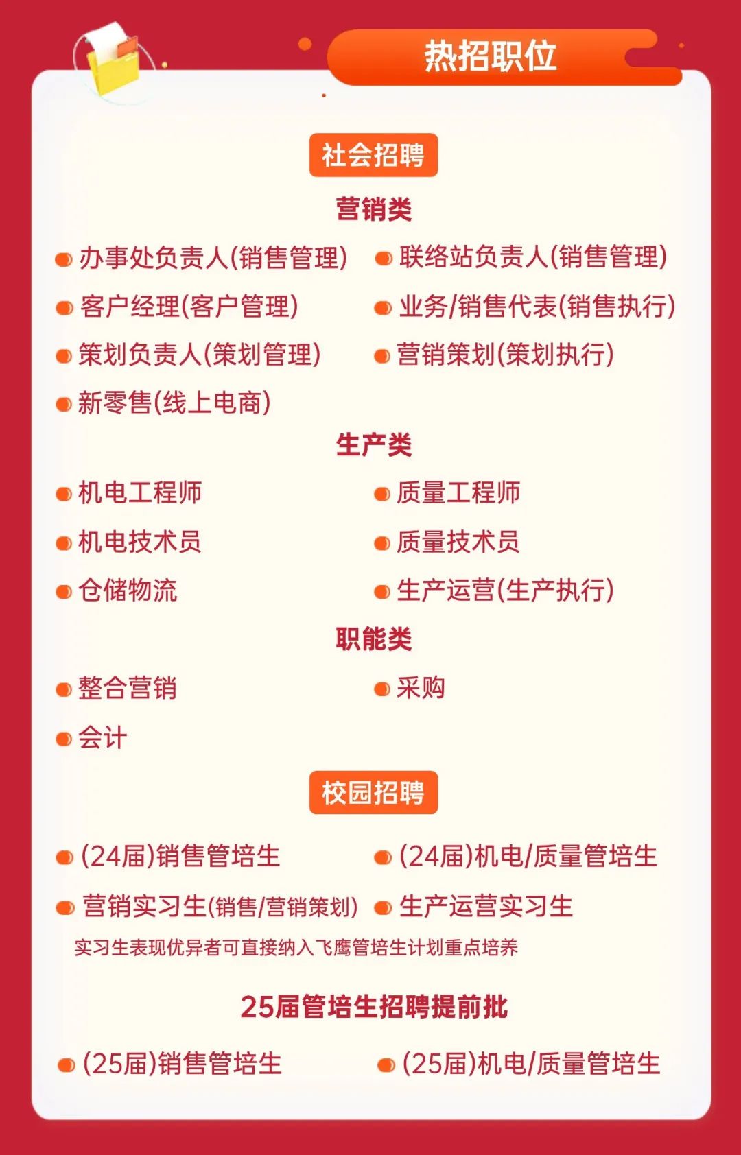 <p>热招职位</p>
<p>社会招聘</p>
<p>营销类</p>
<p>办事处负责人(销售管理)联络站负责人(销售管理)<br/>客户经理(客户管理)</p>
<p>●业务/销售代表(销售执行)</p>
<p>策划负责人(策划管理</p>
<p>营销策划(策划执行)</p>
<p>新零售(线上电商</p>
<p>生产类</p>
<p>机电工程师</p>
<p>质量工程师</p>
<p>机电技术员</p>
<p>质量技术员</p>
<p>仓储物流</p>
<p>生产运营(生产执行)<br/>职能类</p>
<p>整合营销</p>
<p>采购</p>
<p>会计</p>
<p>校园招聘</p>
<p>(24届)销售管培生</p>
<p>(24届)机电/质量管培生</p>
<p>营销实习生(销售/营销策划)生产运营实习生<br/>实习生表现优异者可直接纳入飞鹰管培生计划重点培养</p>
<p>25届管培生招聘提前批</p>
<p>(25届)销售管培生</p>
<p>(25届)机电/质量管培生</p>
