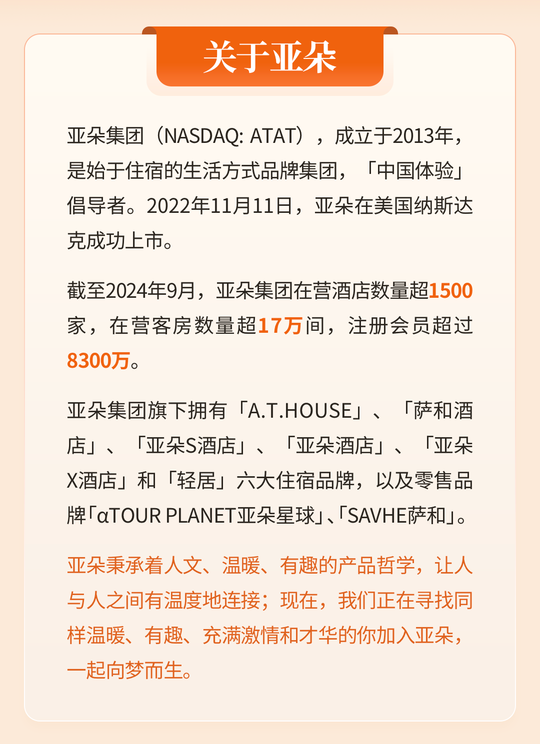 <p>关于亚朵</p>
<p>亚朵集团(NASDAQ:ATAT)，成立于2013年，<br/>是始于住宿的生活方式品牌集团，「中国体验」<br/>倡导者。2022年11月11日，亚朵在美国纳斯达<br/>克成功上市。</p>
<p>截至2024年9月，亚朵集团在营酒店数量超1500<br/>家，在营客房数量超17万间，注册会员超过<br/>8300万。</p>
<p>亚朵集团旗下拥有「A.T.HOUSE」、「萨和酒<br/>店」、<br/>「亚朵S酒店」、<br/>「亚朵酒店」、<br/>「亚朵<br/>X酒店」和「轻居」六大住宿品牌，以及零售品<br/>牌「aTOURPLANET亚朵星球」、「SAVHE萨和」。</p>
<p>亚朵秉承着人文、温暖、有趣的产品哲学，让人<br/>与人之间有温度地连接，现在，我们正在寻找同<br/>样温暖、有趣、充满激情和才华的你加入亚朵，<br/>一起向梦而生。</p>
