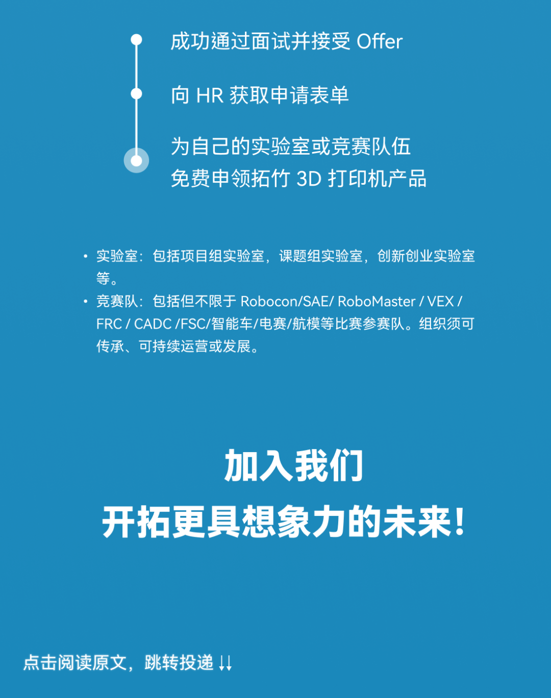 <p>成功通过面试并接受 Offer</p>
<p>向 HR获取申请表单</p>
<p>为自己的实验室或竞赛队伍<br/>免费申领拓竹3D打印机产品</p>
<p>实验室:包括项目组实验室，课题组实验室，创新创业实验室<br/>等。</p>
<p>竞赛队:包括但不限于 Robocon/SAE/ RoboMaster/VEX/<br/>FRC/ CADC/FSC/智能车/电赛/航模等比赛参赛队。组织须可<br/>传承、可持续运营或发展。</p>
<p>加入我们</p>
<p>开拓更具想象力的未来!</p>
<p>点击阅读原文，跳转投递</p>
