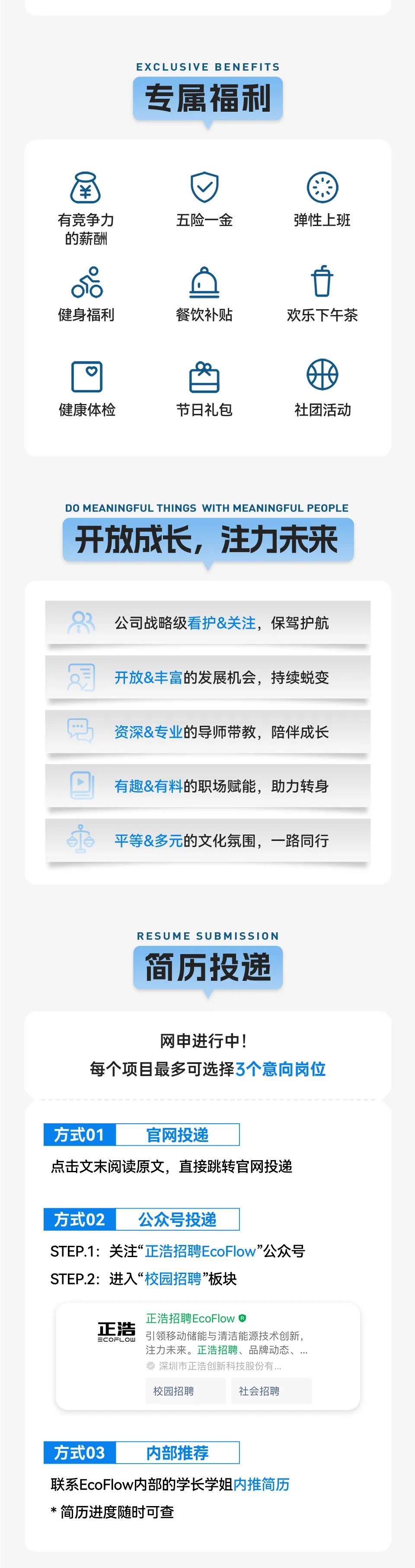 <p>EXCLUSIVE BENEFITS<br/>专属福利</p>
<p>有竞争力</p>
<p>的薪酬</p>
<p>五险一金</p>
<p>弹性上班</p>
<p>%</p>
<p>健身福利</p>
<p>餐饮补贴</p>
<p>欢乐下午茶</p>
<p>健康体检</p>
<p>节日礼包</p>
<p>社团活动</p>
<p>DO MEANINGFULTHINGS WITH MEANINGFUL PEOPLE<br/>开放成长，注力未来</p>
<p>公司战略级看护&关注，保驾护航<br/>开放&丰富的发展机会，持续蜕变<br/>资深&专业的导师带教，陪伴成长<br/>有趣&有料的职场赋能，助力转身<br/>平等&多元的文化氛围，一路同行</p>
<p>RESUME SUBMISSION<br/>简历投递</p>
<p>网申进行中!</p>
<p>每个项目最多可选择3个意向岗位</p>
<p>方式01</p>
<p>官网投递</p>
<p>点击文末阅读原文，直接跳转官网投递</p>
<p>方式02</p>
<p>公众号投递</p>
<p>STEP.1:关注“正浩招聘EcoFlow”公众号<br/>STEP.2:进入“校园招聘”板块</p>
<p>正浩</p>
<p>正浩招聘EcoFlow</p>
<p>=cOFLoW</p>
<p>引领移动储能与清洁能源技术创新，<br/>注力未来。正浩招聘、品牌动态、<br/>深圳市正浩创新科技股份有..</p>
<p>校园招聘</p>
<p>社会招聘</p>
<p>方式03</p>
<p>内部推荐</p>
<p>联系EcoFlow内部的学长学姐内推简历<br/>*简历进度随时可查</p>
