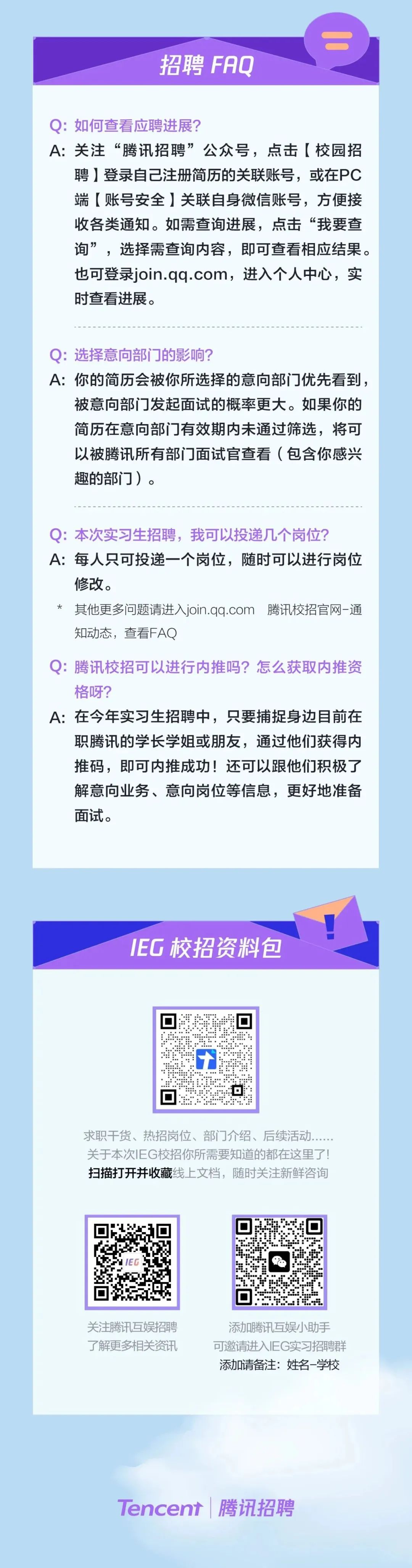 <p>招聘FAQ</p>
<p>Q:如何查看应聘进展?</p>
<p>A:关注“腾讯招聘”公众号，点击[校园招</p>
<p>聘]登录自己注册简历的关联账号，或在PC<br/>端[账号安全]关联自身微信账号，方便接<br/>收各类通知。如需查询进展，点击“我要查<br/>询”，选择需查询内容，即可查看相应结果。<br/>也可登录join.qq.com，进入个人中心，实<br/>时查看进展。</p>
<p>Q:选择意向部门的影响?</p>
<p>A:你的简历会被你所选择的意向部门优先看到，</p>
<p>被意向部门发起面试的概率更大。如果你的<br/>简历在意向部门有效期内未通过筛选，将可<br/>以被腾讯所有部门面试官查看(包含你感兴<br/>趣的部门)。</p>
<p>Q:本次实习生招聘，我可以投递几个岗位?</p>
<p>A:每人只可投递一个岗位，随时可以进行岗位<br/>修改。</p>
<p>* 其他更多问题请进入join.qq.com 腾讯校招官网-通<br/>知动态，查看FAQ</p>
<p>Q:腾讯校招可以进行内推吗?怎么获取内推资<br/>格呀?</p>
<p>A:在今年实习生招聘中，只要捕捉身边目前在</p>
<p>职腾讯的学长学姐或朋友，通过他们获得内<br/>推码，即可内推成功!还可以跟他们积极了<br/>解意向业务、意向岗位等信息，更好地准备<br/>面试。</p>
<p>IEG校招资料包</p>
<p>求职干货、热招岗位、部门介绍、后续活动<br/>关于本次IEG校招你所需要知道的都在这里了!<br/>扫描打开并收藏线上文档，随时关注新鲜咨询</p>
<p>关注腾讯互娱招聘<br/>了解更多相关资讯</p>
<p>添加腾讯互娱小助手<br/>可邀请进入IEG实习招聘群<br/>添加请备注:姓名-学校</p>
<p>Tencent|腾讯招聘</p>
