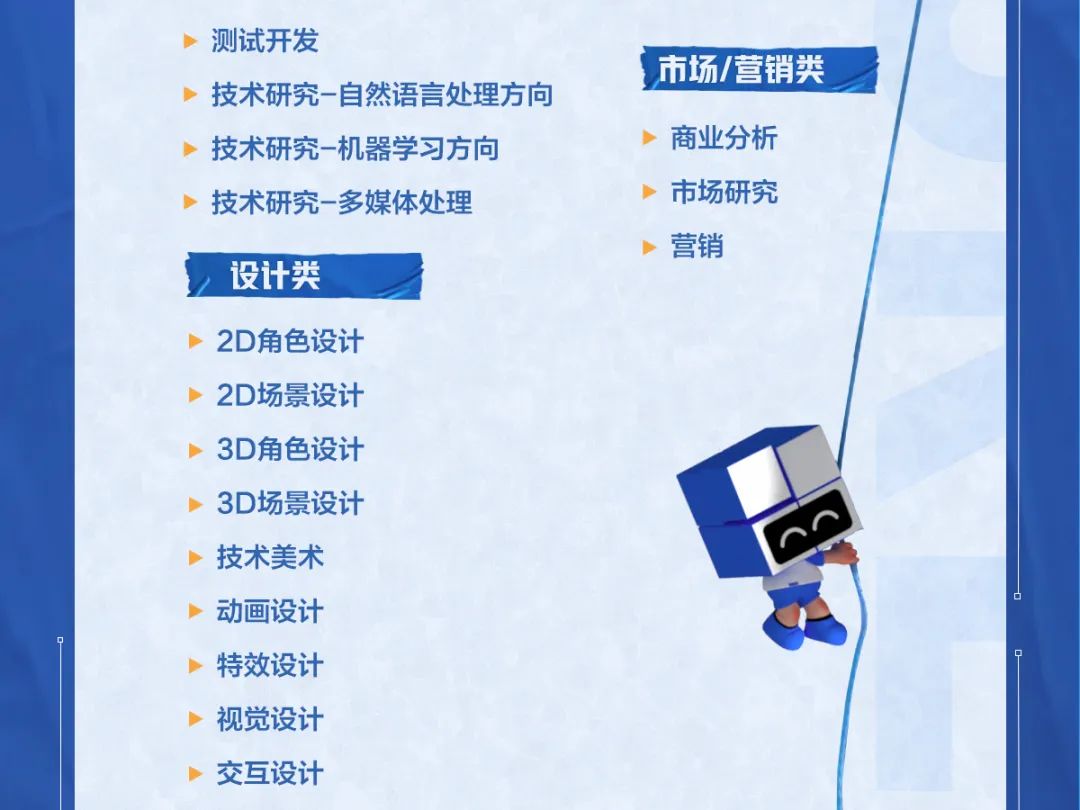 <p>测试开发</p>
<p>技术研究-自然语言处理方向<br/>技术研究-机器学习方向</p>
<p>技术研究-多媒体处理</p>
<p>设计类</p>
<p>市场/营销类</p>
<p>商业分析<br/>市场研究<br/>营销</p>
<p>2D角色设计<br/>2D场景设计<br/>3D角色设计<br/>3D场景设计<br/>技术美术<br/>动画设计<br/>特效设计<br/>视觉设计<br/>交互设计</p>
