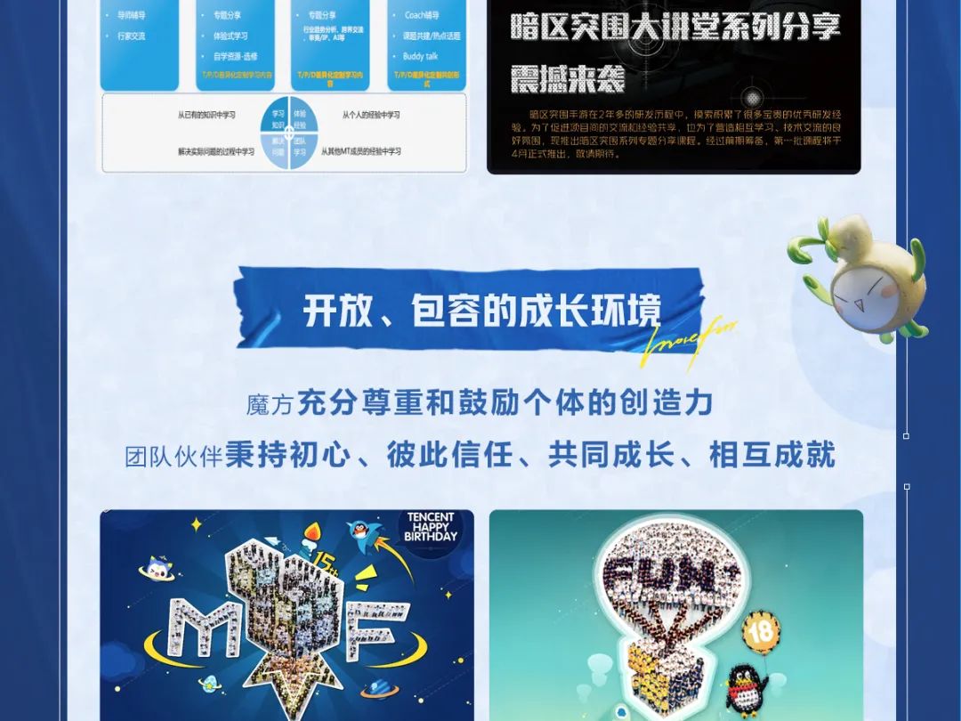 
<table>
<tr><td>导师导行家交流</td>
<td></td>
<td>专量分享体验式学习学资选修TPOBR定WS大R</td>
<td></td>
<td>福分车分服养交液IPD医集保0</td>
<td></td>
<td colspan="3">Coach铺导调更共理/热点话题 暗区突围大讲堂系列分享,BuddyuakT江D业交制市 震撼来袭</td>
</tr>
<tr><td rowspan="2" colspan="7">从已有0P中学习 从个人的经验中学习解决实期问需的沙程中学习 从其他MT成员的经验中学习</td>
<td></td>
<td></td>
</tr>
<tr><td colspan="2">路区A困丰游在2年多的研发历程中,模索积需7很多宝贵的优弄研发经验。 为了促进项目阅的交流和经验共学。 也为了营适相互 习,技术交流的良好两围,现推出暗区突国系列专题分章课程。经过前期筹备,第一批课程将干4月正式推出,配请明待。</td>
</tr>
<tr><td colspan="9">S开放、包容的成长环境aro魔方充分尊重和鼓励个体的创造力团队伙伴秉持初心、彼此信任、共同成长、相互成就</td>
</tr>
<tr><td colspan="7">TENCENT十 P 8RAPDAY◆me \'+品真通品.  </td>
<td colspan="2">2FUIN18的</td>
</tr>
</table>
