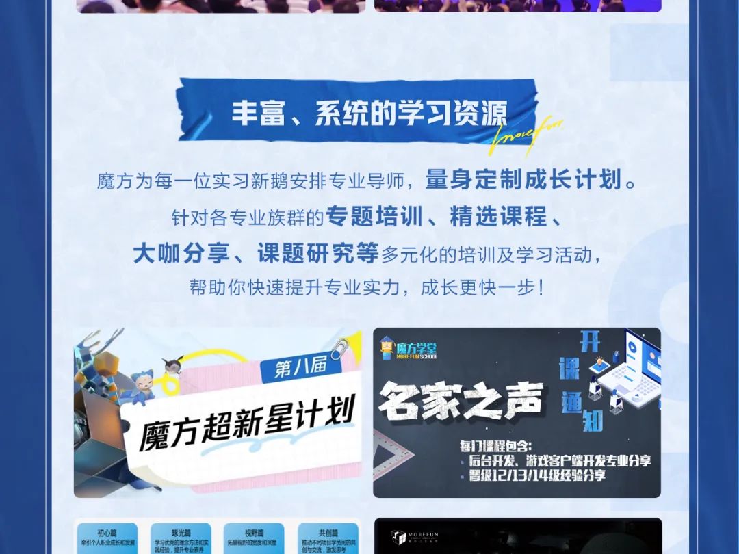 <p>丰富、系统的学习资源</p>
<p>魔方为每--位实习新鹅安排专业导师,量身定制成长计划。</p>
<p>针对各专业族群的专题培训、精选课程、</p>
<p>大咖分享、课题研究等多元化的培训及学习活动,</p>
<p>帮助你快速提升专业实力,成长更快一步!</p>
<p>度方学堂开</p>
<p>第八届课</p>
<p>名家之声通</p>
<p>魔方超新星计划知</p>
<p>每门课程包含:</p>
<p>后台开发、 游戏客户端开发专业分享</p>
<p>智级12/13/14级经验分享</p>
<p>初心篇牵引个人职业成长和发展 学习优内的强念方法和实球光篇我付验。提开专业家牌知展视好的意度和深度视野筒创与交流,放发勇考共创篇推动不同项目学员司的共XAN</p>
