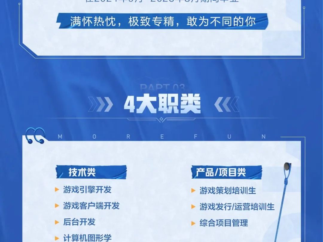 <p>满怀热忱,极致专精,敢为不同的你</p>
<p>DADT 03</p>
<p>》4大职类《</p>

<table>
<tr><td colspan="2"></td>
<td rowspan="2"></td>
<td></td>
<td colspan="2"></td>
</tr>
<tr><td colspan="2">.</td>
<td></td>
<td colspan="2"></td>
</tr>
<tr><td colspan="6">V/M 0 R E F U N</td>
</tr>
<tr><td>技术类</td>
<td colspan="5">产品/项目类</td>
</tr>
<tr><td colspan="5">➢游戏引擎开发 游戏策划培训生游戏客户端开发 游戏发行/运营培训生后台开发 综合项目管理计算机图形学</td>
<td></td>
</tr>
</table>
