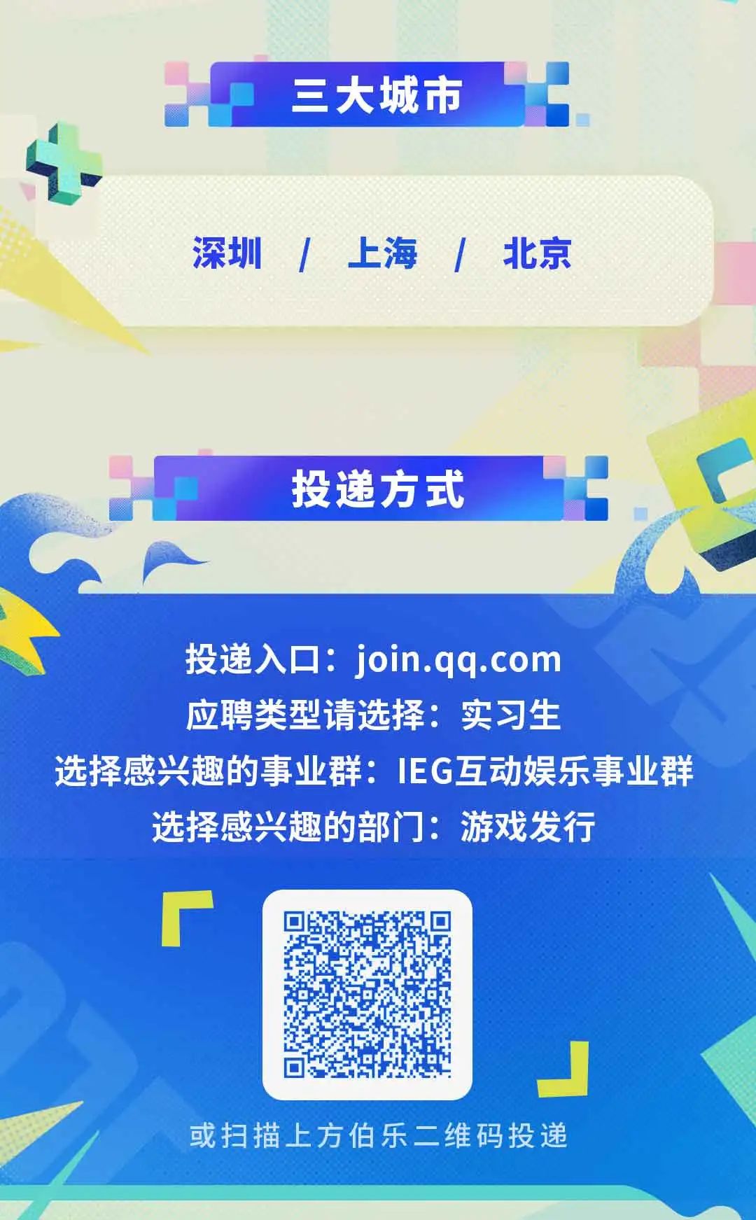 <p>三大城市</p>
<p>深圳|上海/北京</p>
<p>投递方式</p>
<p>投递入☐: join.qq.com</p>
<p>应聘类型请选择:实习生</p>
<p>选择感兴趣的事业群: IEG互动娱乐事业群</p>
<p>选择感兴趣的部门:游戏发行</p>
<p>r</p>
<p>J</p>
<p>或扫描上方伯乐二维码投递</p>
