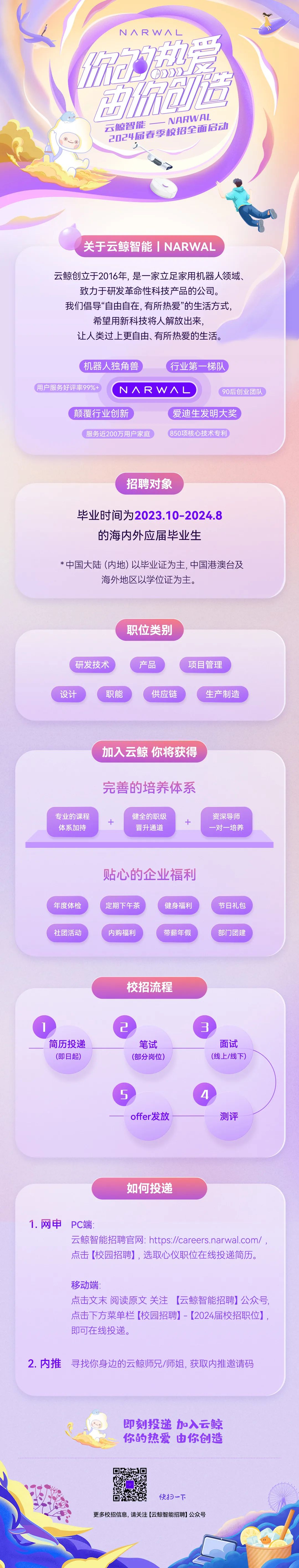 <p>NARWAL<br/>这热爱</p>
<p>油新可造</p>
<p>云鲸智能-<br/>一NARWAL<br/>2024届春季校招全面启动</p>
<p>关于云鲸智能INARWAL</p>
<p>云鲸创立于2016年,是一家立足家用机器人领域、<br/>致力于研发革命性科技产品的公司。</p>
<p>我们倡导&ldquo;自由自在,有所热爱&rdquo;的生活方式，</p>
<p>希望用新科技将人解放出来，</p>
<p>让人类过上更自由、有所热爱的生活。</p>
<p>机器人独角兽</p>
<p>行业第一梯队</p>
<p>用户服务好评率99%+</p>
<p>NARWAL</p>
<p>90后创业团队</p>
<p>颠覆行业创新</p>
<p>爱迪生发明大奖</p>
<p>服务近200万用户家庭</p>
<p>850项核心技术专利</p>
<p>招聘对象</p>
<p>毕业时间为2023.10-2024.8</p>
<p>的海内外应届毕业生</p>
<p>*中国大陆(内地)以毕业证为主,中国港澳台及</p>
<p>海外地区以学位证为主。</p>
<p>职位类别</p>
<p>研发技术</p>
<p>产品</p>
<p>设计</p>
<p>职能</p>
<p>供应链</p>
<p>项目管理</p>
<p>生产制造</p>
<p>加入云鲸你将获得</p>
<p>完善的培养体系</p>
<p>专业的课程<br/>体系加持</p>
<p>健全的职级<br/>晋升通道</p>
<p>资深导师<br/>一对一培养</p>
<p>年度体检<br/>社团活动</p>
<p>贴心的企业福利<br/>定期下午茶</p>
<p>健身福利</p>
<p>内购福利</p>
<p>带薪年假</p>
<p>节日礼包<br/>部门团建</p>
<p>校招流程</p>
<p>简历投递</p>
<p>(即日起)</p>
<p>2</p>
<p>笔试<br/>(部分岗位)</p>
<p>3</p>
<p>面试<br/>(线上/线下)</p>
<p>5</p>
<p>offer发放</p>
<p>4</p>
<p>测评</p>
<p>如何投递</p>
<p>1.网申</p>
<p>PC端:</p>
<p>云鲸智能招聘官网:https://careers.narwal.com/，<br/>点击[校园招聘]，选取心仪职位在线投递简历。</p>
<p>移动端:</p>
<p>点击文末阅读原文关注[云鲸智能招聘]公众号，<br/>点击下方菜单栏[校园招聘]-[2024届校招职位]，<br/>即可在线投递。</p>
<p>2.内推</p>
<p>寻找你身边的云鲸师兄/师姐，获取内推邀请码</p>
<p>即刻投递加入云鲸<br/>你的热爱由你创造</p>
<p>快扫一下</p>
<p>更多校招信息，请关注[云鲸智能招聘]公众号</p>
