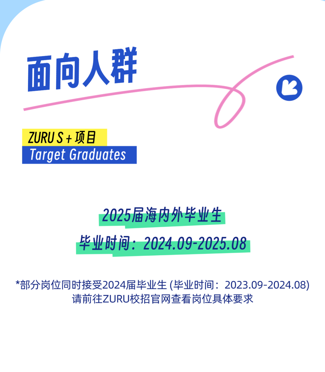 <p>面向人群</p>
<p>☐</p>
<p>ZURUS+项目</p>
<p>I Target Graduates</p>
<p>2025届海内外毕业生</p>
<p>毕业时间: 2024.09-2025.08</p>
<p>*部分岗位同时接受2024届毕业生(毕业时间: 2023.09 -2024.08)</p>
<p>请前往ZURU校招官网查看岗位具体要求</p>
