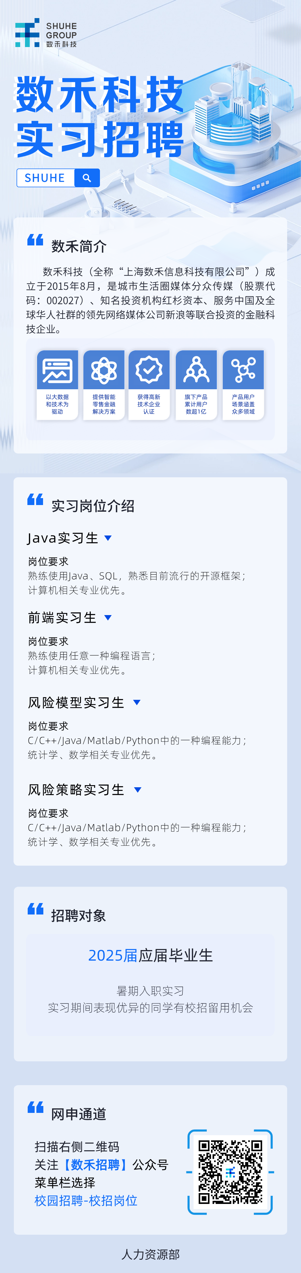 <p>SHUHE<br/>GROUP<br/>数禾科技</p>
<p>数禾科技<br/>实习招聘</p>
<p>SHUHE</p>
<p>数禾简介</p>
<p>数禾科技(全称“上海数禾信息科技有限公司”)成<br/>立于2015年8月，是城市生活圈媒体分众传媒(股票代<br/>码:002027)、知名投资机构红杉资本、服务中国及全<br/>球华人社群的领先网络媒体公司新浪等联合投资的金融科<br/>技企业。</p>
<p>以大数据<br/>和技术为</p>
<p>驱动</p>
<p>提供智能<br/>零售金融<br/>解决方案</p>
<p>获得高新<br/>技术企业</p>
<p>认证</p>
<p>旗下产品<br/>累计用户<br/>数超1亿</p>
<p>产品用户<br/>场景涵盖<br/>众多领域</p>
<p>实习岗位介绍</p>
<p>Java实习生</p>
<p>岗位要求</p>
<p>熟练使用Java、SQL，熟悉目前流行的开源框架;<br/>计算机相关专业优先。</p>
<p>前端实习生</p>
<p>岗位要求</p>
<p>熟练使用任意一种编程语言;<br/>计算机相关专业优先。</p>
<p>风险模型实习生</p>
<p>岗位要求</p>
<p>C/C++/Java/Matlab/Python中的一种编程能力;<br/>统计学、数学相关专业优先。</p>
<p>风险策略实习生▼</p>
<p>岗位要求</p>
<p>C/C++/Java/Matlab/Python中的一种编程能力;<br/>统计学、数学相关专业优先。</p>
<p>招聘对象</p>
<p>2025届应届毕业生</p>
<p>暑期入职实习</p>
<p>实习期间表现优异的同学有校招留用机会</p>
<p>网申通道</p>
<p>扫描右侧二维码</p>
<p>关注[数禾招聘]<br/>公众号<br/>菜单栏选择</p>
<p>校园招聘-校招岗位</p>
<p>人力资源部</p>

