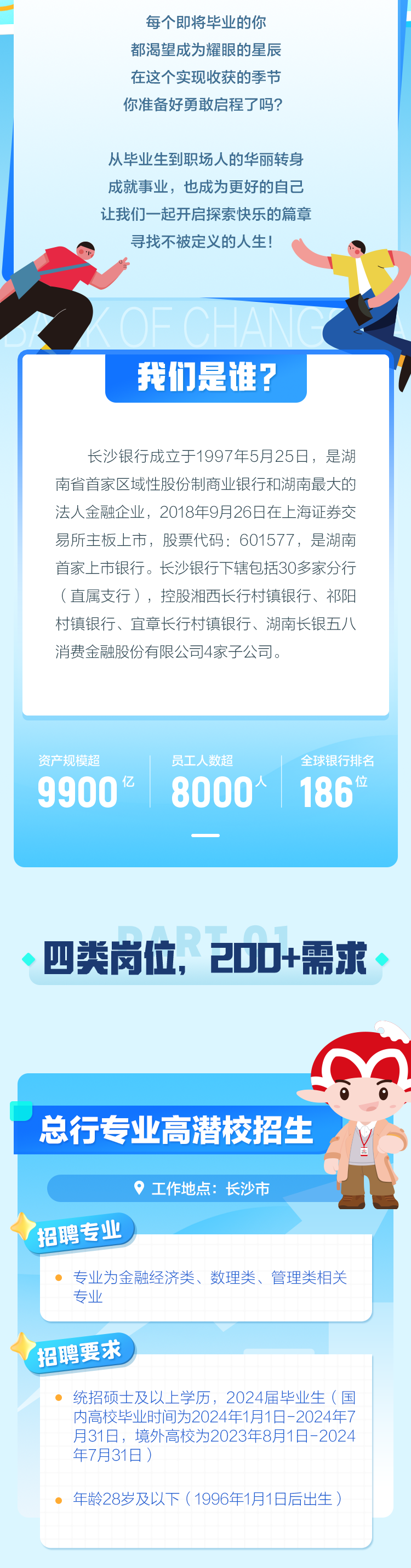 <p>每个即将毕业的你<br/>都渴望成为耀眼的星辰<br/>在这个实现收获的季节<br/>你准备好勇敢启程了吗?</p>
<p>从毕业生到职场人的华丽转身<br/>成就事业，也成为更好的自己<br/>让我们一起开启探索快乐的篇章<br/>寻找不被定义的人生!</p>
<p>我们是谁?</p>
<p>长沙银行成立于1997年5月25日，是湖<br/>南省首家区域性股份制商业银行和湖南最大的<br/>法人金融企业，2018年9月26日在上海证券交<br/>易所主板上市，股票代码:601577，是湖南<br/>首家上市银行。长沙银行下辖包括30多家分行<br/>(直属支行)，控股湘西长行村镇银行、祁阳<br/>村镇银行、宜章长行村镇银行、湖南长银五八<br/>消费金融股份有限公司4家子公司。</p>
<p>资产规模超<br/>9900亿</p>
<p>员工人数超<br/>8000</p>
<p>全球银行排名</p>
<p>186<br/>位</p>
<p>四类岗位，200+需求。</p>
<p>总行专业高潜校招生</p>
<p>工作地点:长沙市</p>
<p>招聘专业</p>
<p>专业为金融经济类、数理类、管理类相关<br/>专业</p>
<p>招聘要求</p>
<p>统招硕士及以上学历，2024届毕业生(国<br/>内高校毕业时间为2024年1月1日-2024年7<br/>月31日，境外高校为2023年8月1日-2024<br/>年7月31日`</p>
<p>年龄28岁及以下(1996年1月1日后出生</p>
