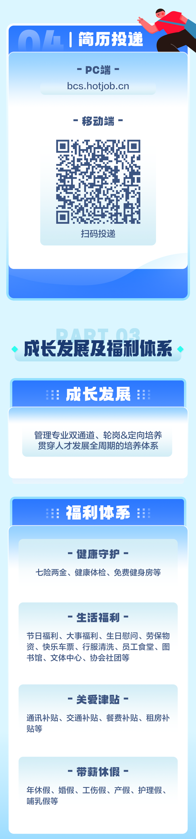 <p>nAI简历投递</p>

<table>
<tr><td>-PC端-bcs.hotjob.cn-移动端.-l ☐h E扫码投递</td>
</tr>
<tr><td></td>
</tr>
<tr><td>DAPTO2成长发展及福利体系</td>
</tr>
<tr><td>n成长发展1</td>
</tr>
<tr><td>管理专业双通道、轮岗&定向培养贯穿人才发展全周期的培养体系</td>
</tr>
<tr><td></td>
</tr>
<tr><td>中 福利体系1</td>
</tr>
<tr><td></td>
</tr>
<tr><td>健康守护-七险两金、健康体检、免费健身房等</td>
</tr>
<tr><td>生活福利-节日福利、大事福利、生日慰问、劳保物资、快乐车票、行服清洗、员工食堂、图书馆、文体中心、协会社团等</td>
</tr>
<tr><td>关爱津贴-通讯补贴、交通补贴、餐费补贴、租房补贴等</td>
</tr>
<tr><td>带薪休假一年休假、婚假、工伤假、产假、护理假、哺乳假等</td>
</tr>
</table>
