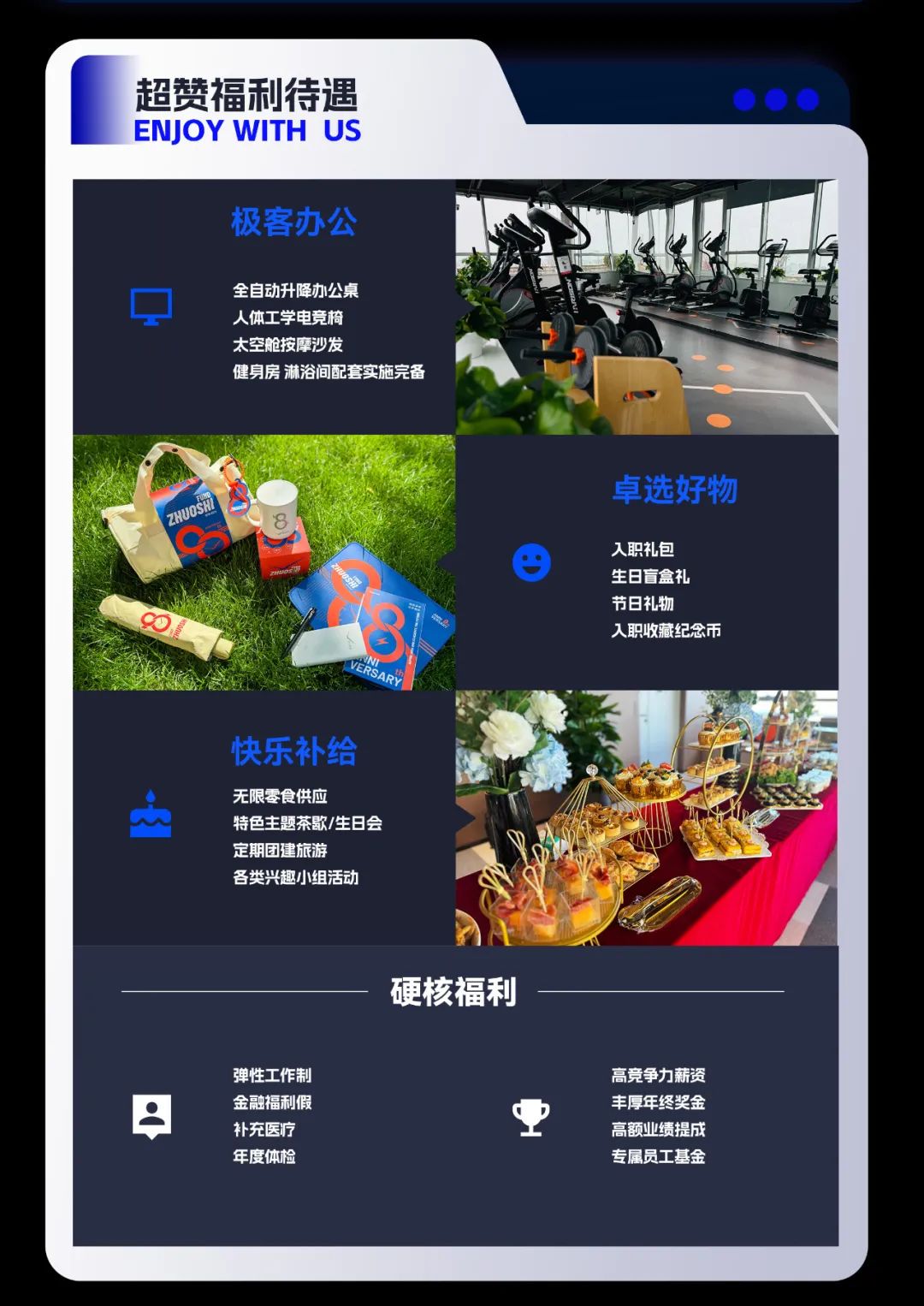 <p>超赞福利待遇<br/>ENJOY WITH US</p>
<p>极客办公</p>
<p>全自动升降办公桌</p>
<p>人体工学电竞椅</p>
<p>太空舱按摩沙发</p>
<p>健身房 淋浴间配套实施完备</p>
<p>ZHuoS</p>
<p>VERSARY</p>
<p>卓选好物</p>
<p>人职礼包<br/>生日盲盒礼<br/>节日礼物</p>
<p>人职收藏纪念币</p>
<p>快乐补给<br/>无限零食供应</p>
<p>特色主题茶歇/生日会<br/>定期团建旅游</p>
<p>各类兴趣小组活动</p>
<p>硬核福利</p>
<p>弹性工作制<br/>金融福利假<br/>补充医疗<br/>年度体检</p>
<p>高竞争力薪资<br/>丰厚年终奖金<br/>高额业绩提成<br/>专属员工基金</p>
