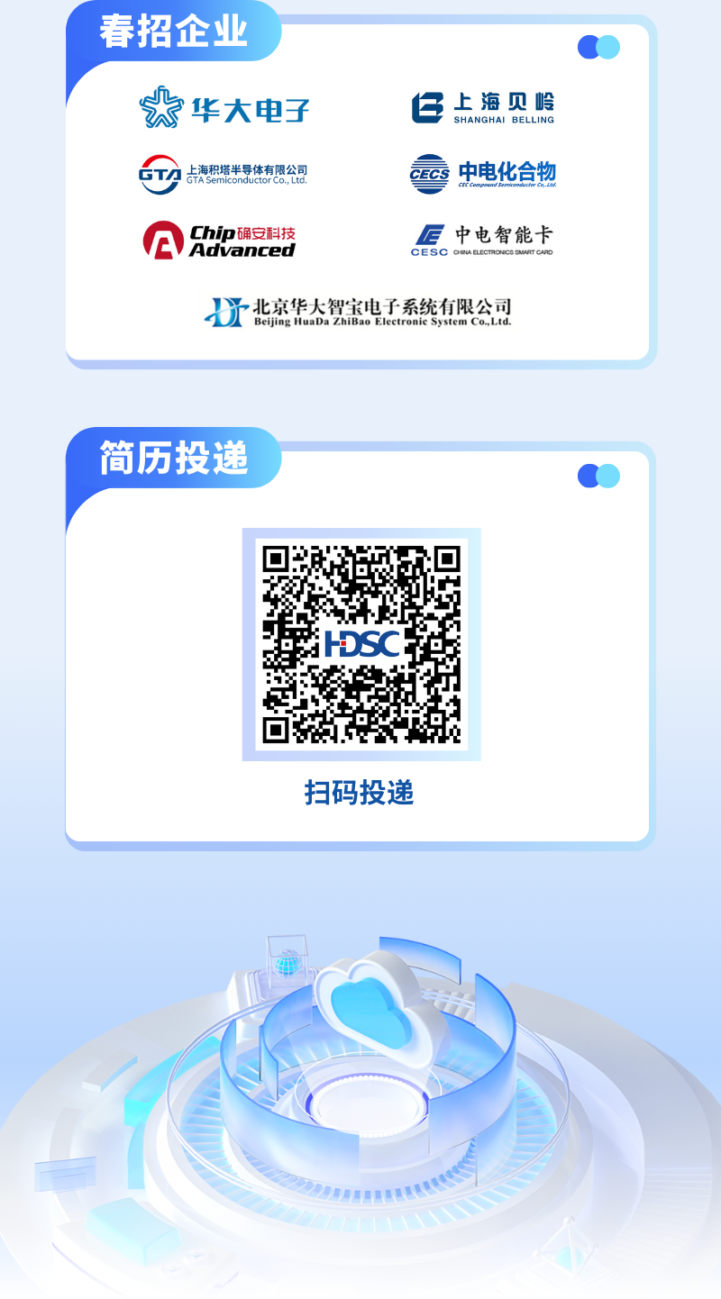 <p>春招企业</p>
<p>大华大电子ESHANGHAI BELLING上海见岭</p>
<p>金占海积塔景体有限公司CEcS中电化合物</p>
<p>GChip确安科技AdvancedCESC Cmu CLCTRONCS SAWAT CADE中电智能卡</p>
<p>北京华大智宝电子系统有限公司Beijing HuaDa ZhiBao Electronic System Co,Ltd.</p>
<p>简历投递</p>
<p>DSC</p>
<p>扫码投递</p>
<p>甲</p>
<p>个</p>
