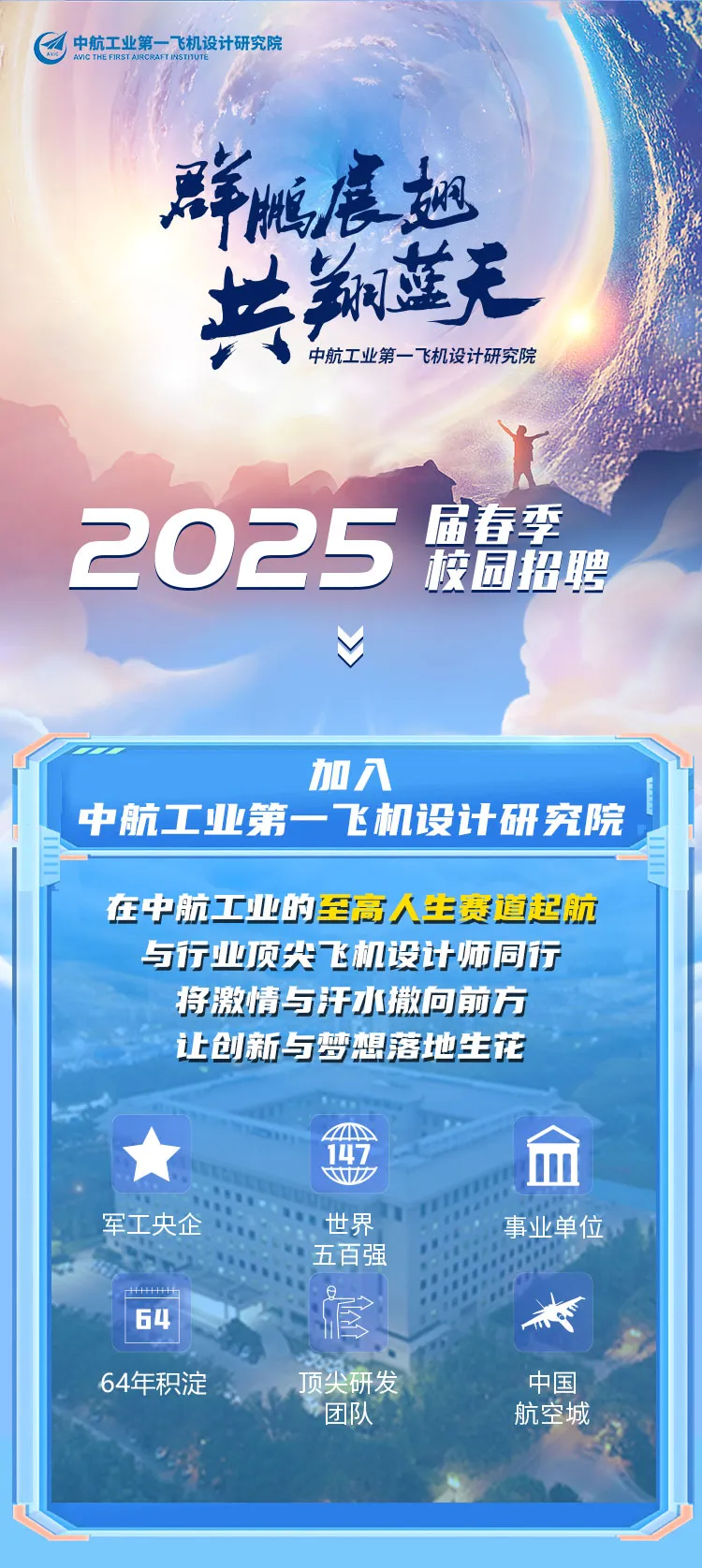 <p>a中航工业第6机设计研究院</p>
<p>群溅晨翅</p>
<p>共期蓝无</p>
<p>中航工业第一-&rdquo;飞机设计研究院</p>
<p>届春季</p>
<p>2025</p>
<p>校园招聘</p>
<p>V</p>
<p>加入</p>
<p>中航工业第一 飞机设计研究院</p>
<p>在中航工业的至高人生赛道起航</p>
<p>与行业顶尖飞机设计师同行</p>
<p>将激情与汗水撒向前方</p>
<p>创新与梦想落地生花</p>
<p>AI147</p>
<p>中7</p>
<p>军工央企"世界\'事业单位</p>
<p>五百强</p>
<p>111+164馆</p>
<p>64年积淀顶尖研发中国</p>
<p>团队航空城</p>
