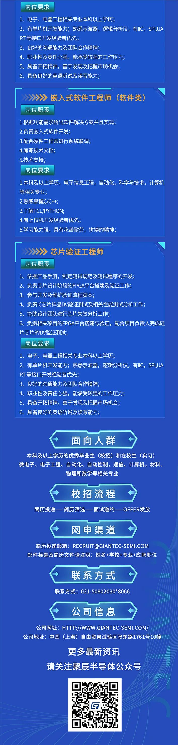<p>岗位要求</p>
<p>1、 电子、电器工程相关专业本科以上学历;</p>
<p>2、 有单片机开发能力;熟悉示波器,逻辑分析仪,有IIC, SPI,UA</p>
<p>RT等接☐开发经验者优先;</p>
<p>3、良好的沟通能力及团队合作精神;</p>
<p>4、 职业性及责任心强,能承受较强的工作压力;</p>
<p>5、 具备开拓精神,善于发现及把握市场机会;</p>
<p>6、具备良好的英语听说及读写能力;</p>
<p>>>>>嵌入式软件工程师(软件类)</p>
<p>岗位职责</p>
<p>1.根据功能需求给出软件解决方案并且实现;</p>
<p>2.负责嵌入式软件开发;</p>
<p>3.配合硬件工程师进行系统联调;</p>
<p>4.编写技术文档;</p>
<p>5.技术支持;</p>
<p>岗位要求</p>
<p>1.本科及以上学历,电子信息工程,自动化,科学与技术,计算机</p>
<p>等相关专业;</p>
<p>2.熟练掌握C/C++;</p>
<p>3.了解TCL/PYTHON;</p>
<p>4.有上位机开发经验者优先;</p>
<p>5.学习能力强,具有吃苦耐劳,拼搏的精神;</p>
<p>>》》>芯片验证:工程师</p>
<p>岗位职责</p>
<p>1、依据产品手册,制定测试规范及测试程序的开发;</p>
<p>2、 负责芯片设计阶段的FPGA平台搭建及验证工作;</p>
<p>3、参与开发及维护验证流程脚本;</p>
<p>4、 负责|C芯片样品DV验证测试及相关性能测试分析工作;</p>
<p>5、 协助设计团队进行芯片失效分析工作;</p>
<p>6、 负责相关项目的FPGA平台搭建与验证,配合项目负责人完成硅</p>
<p>片芯片的DV验证测试;</p>
<p>岗位要求</p>
<p>1、 电子、电器工程相关专业本科以上学历;</p>
<p>2、 有单片机开发能力;熟悉示波器,逻辑分析仪,有IIC, SPI,UA</p>
<p>RT等接☐开发经验者优先;</p>
<p>3、良好的沟通能力及团队合作精神;</p>
<p>4、职业性及责任心强,能承受较强的工作压力;</p>
<p>5、 具备开拓精神,善于发现及把握市场机会;</p>
<p>6、具备良好的英语听说及读写能力;</p>
<p>面向人群</p>
<p>本科及以上学历的优秀毕业生(校招)和在校生(实习)</p>
<p>微电子、电子工程、自动化、自动控制,通信、计算机,材料、</p>
<p>物理和数学等相关专业</p>
<p>校招流程</p>
<p>简历投递简历筛选一面试邀约-OFFER发放</p>
<p>网申渠道</p>
<p>简历投递邮箱: RECRUIT@GIANTEC SEMI.COM</p>
<p>邮件标题及简历文件请注明:姓名+学校+专业+应聘职位</p>
<p>联系方式111|1</p>
<p>联系方式: 021-50802030*8066</p>
<p>公司信息</p>
<p>公司网址: HTTP://WWW.GIANTEC SEMI.COM/</p>
<p>公司地址:中国(上海)自由贸易试验区张东路1761号10幢111</p>
<p>更多最新资讯</p>
<p>请关注聚辰半导体公众号</p>
<p>G</p>
