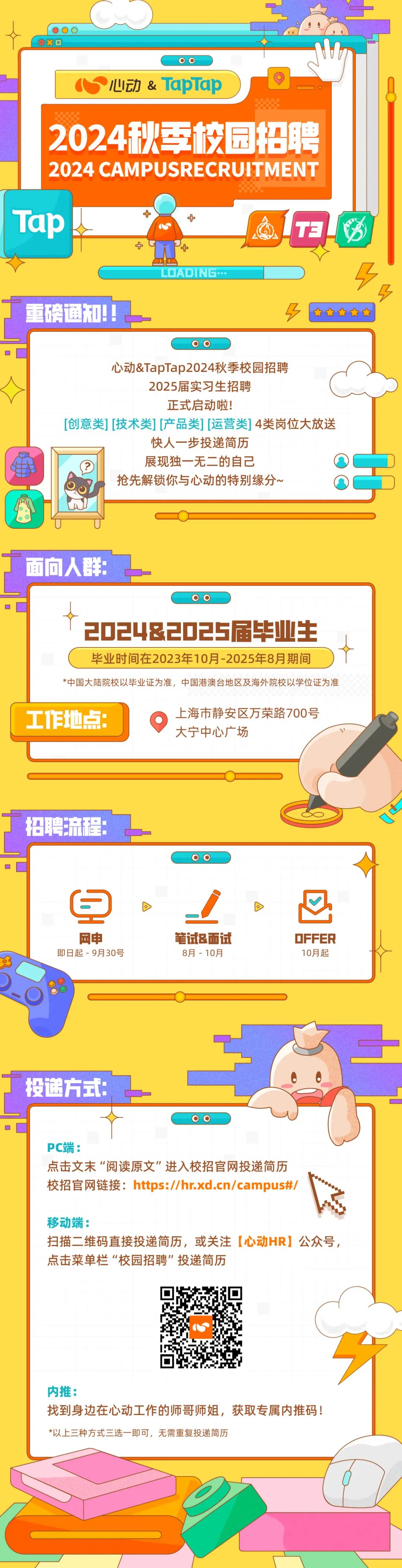<p>X☐</p>
<p>。0 )</p>
<p>(5心动&TapTap</p>
<p>2024秋季校园招聘</p>
<p>2024 CAMPUSRECRUITMENT</p>
<p>Tap上十o+T3</p>
<p>++</p>
<p>LDADING...4</p>
<p>3</p>
<p>磅通知!!F     </p>
<p>心动&TapTap2024秋季校园招聘</p>
<p>2025届实习生招聘</p>
<p>正式启动啦!</p>
<p>[创意类] [技术类] [产品类] [运营类] 4类岗位大放送</p>
<p>快人一步投递简历</p>
<p>展现独一无二的自己</p>
<p>抢先解锁你与心动的特别缘分~</p>
<p>LI</p>
<p>面向人群:</p>
<p>。0</p>
<p>202482025届毕业生</p>
<p>毕业时间在2023年10月-2025年8月期间</p>
<p>*中国大陆院校以毕业证为准,中国港澳台地区及海外院校以学位证为准</p>
<p>工作地点:.上海市静安区万荣路700号</p>
<p>大宁中心广场</p>
<p>招聘流程:</p>
<p>。。</p>
<p>.</p>
<p>回巴</p>
<p>网申笔试&面试OFFER</p>
<p>即日起一9月30号8月- 10月10月起</p>
<p>投递方式:</p>
<p>。。</p>
<p>PC端:</p>
<p>点击文末“阅读原文”进入校招官网投递简历</p>
<p>校招官网链接: https://hr.xd.cn/campus/</p>
<p>W心</p>
<p>移动端:</p>
<p>扫描二维码直接投递简历,或关注[心动HR]公众号,</p>
<p>点击菜单栏“校园招聘”投递简历</p>
<p>牙</p>
<p>内推:</p>
<p>找到身边在心动工作的师哥师姐,获取专属内推码!</p>
<p>*以_上三种方式三选- -即可,无需重复投递简历</p>
